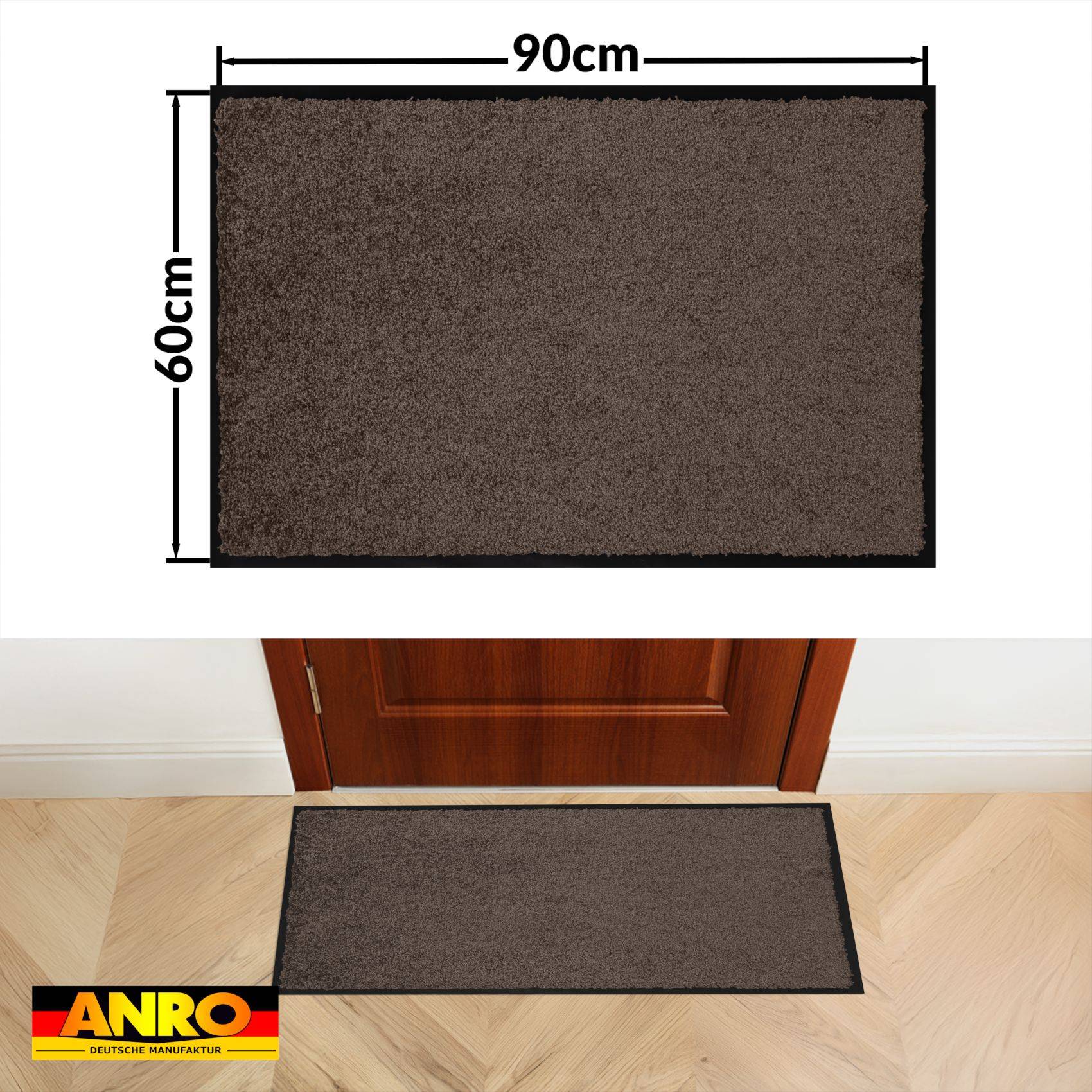 Braune rechteckige Fußmatte mit den Abmessungen 90 cm x 60 cm, abgebildet vor einer Tür, um Größe und Platzierung zu zeigen.
