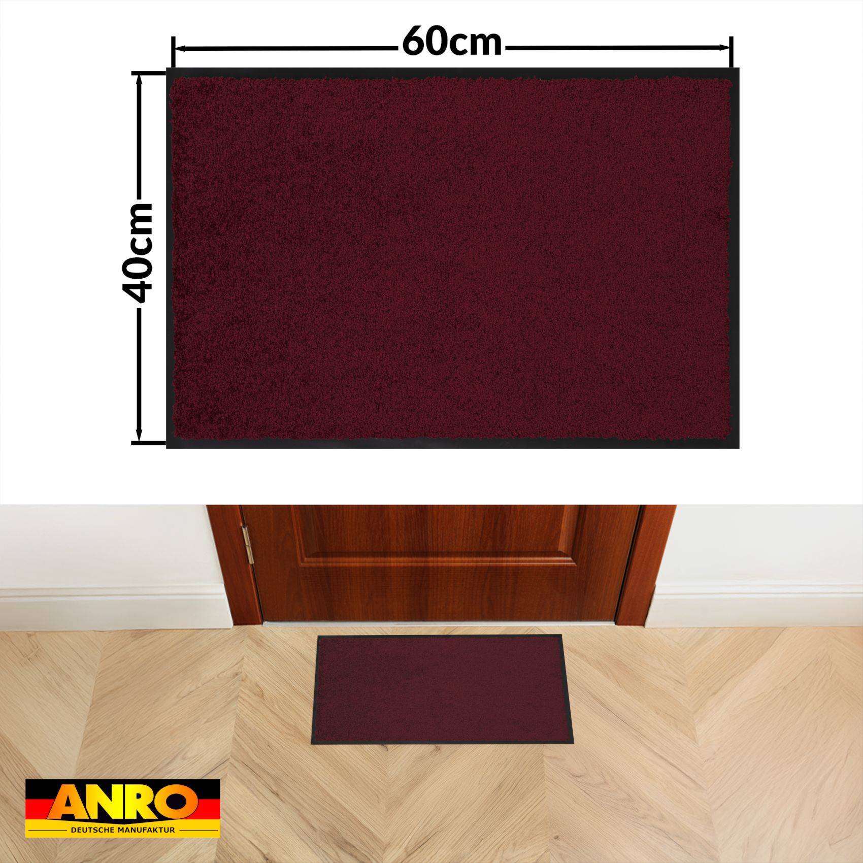 Kastanienbraune rechteckige Bodenmatte, 60 cm mal 40 cm, dargestellt mit Abmessungen und vor einer Tür platziert.