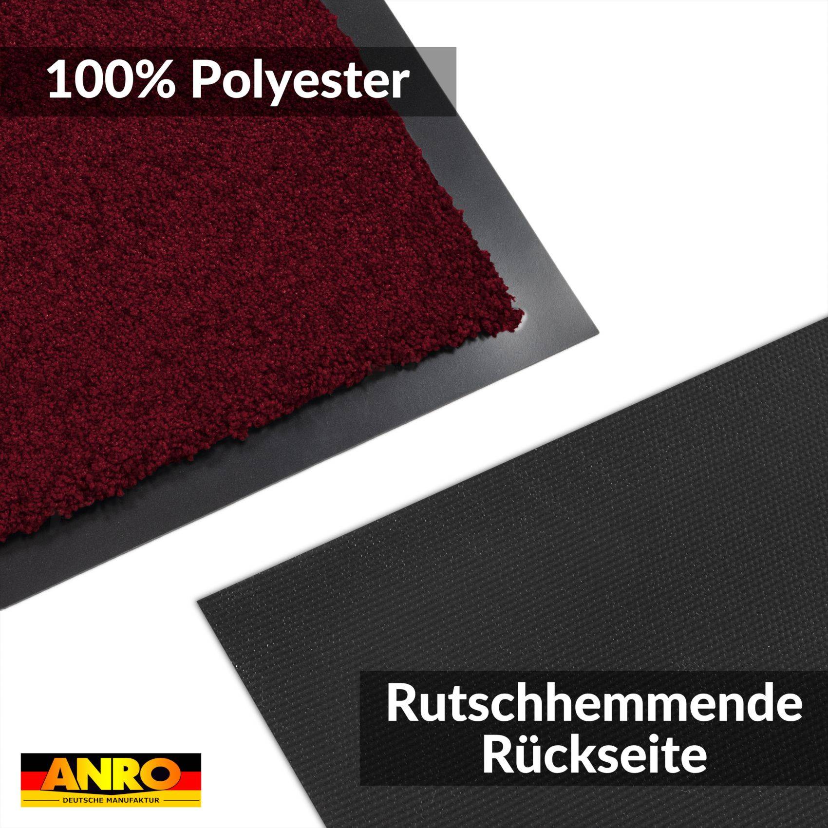 Produktbild, das eine bordeauxrote Matte aus 100% Polyester mit schwarzer rutschhemmender Rückseite zeigt, beschriftet mit „Rutschhemmende Rückseite" und ANRO-Branding.