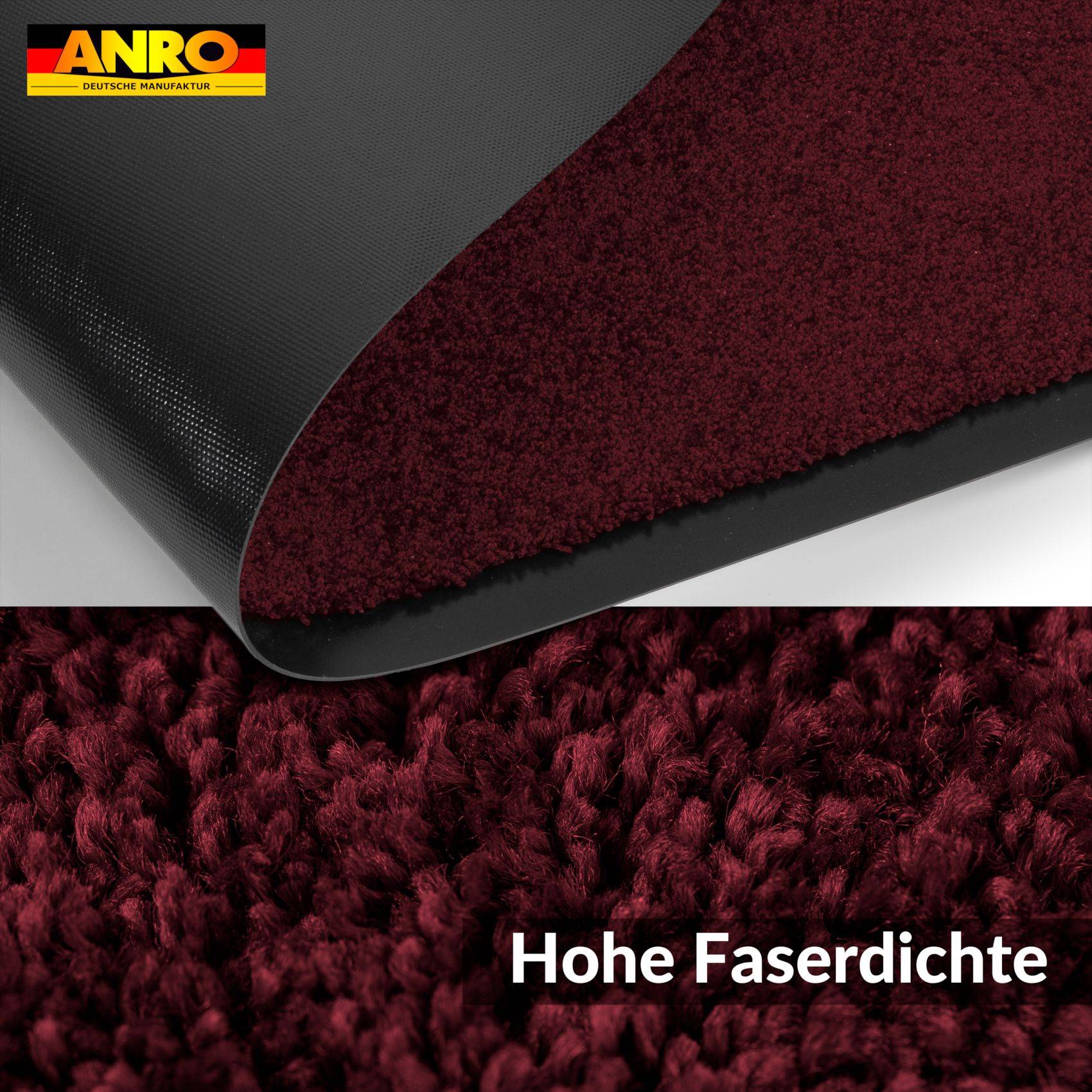 ANRO Teppichmatte mit tiefen burgunderfarbenen Fasern und schwarzer Rückseite; Text liest „Hohe Faserdichte" und weist auf hohe Faserdichte hin.