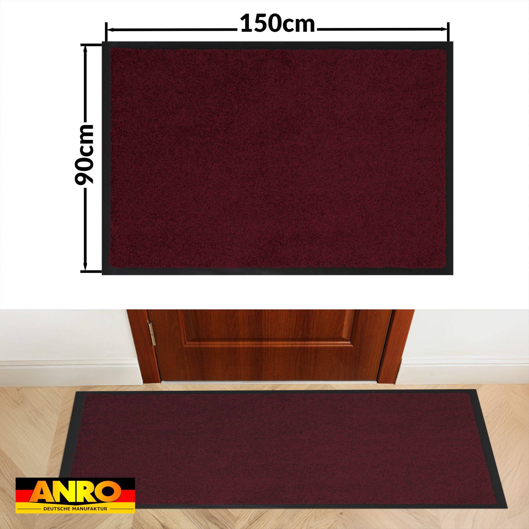 Kastanienbraune rechteckige Bodenmatte mit schwarzem Rand, gezeigt als 150 cm mal 90 cm und vor einer Tür abgebildet zur Größenreferenz.