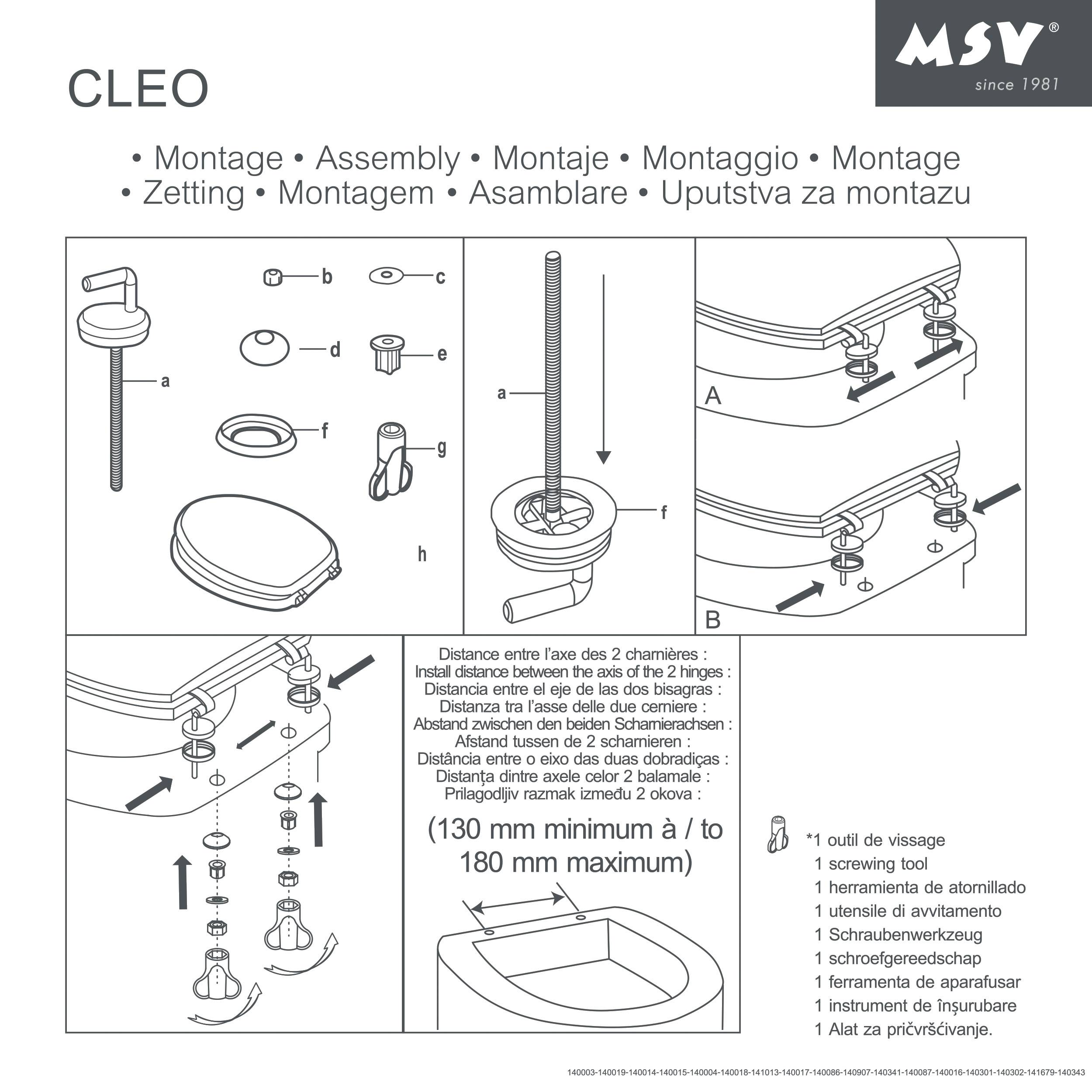 Installationsdiagramm für den CLEO-Toilettensitz mit Darstellung der Teile, Schraubenmontage-Schritte und einstellbarem Scharnierabstand von mindestens 130 mm bis maximal 180 mm.