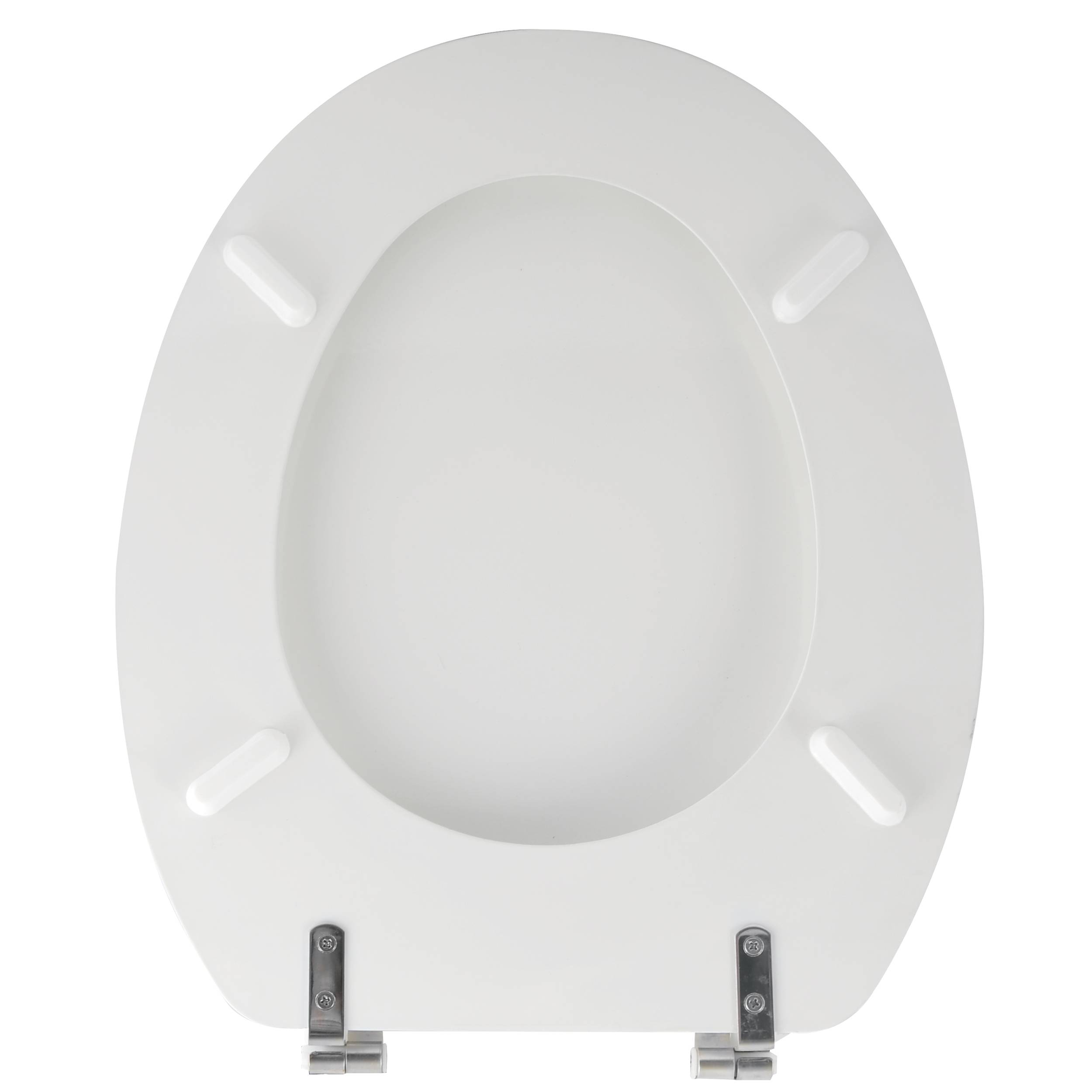Weißer Toilettensitz von oben betrachtet mit zwei Metallscharnieren am unteren Ende.