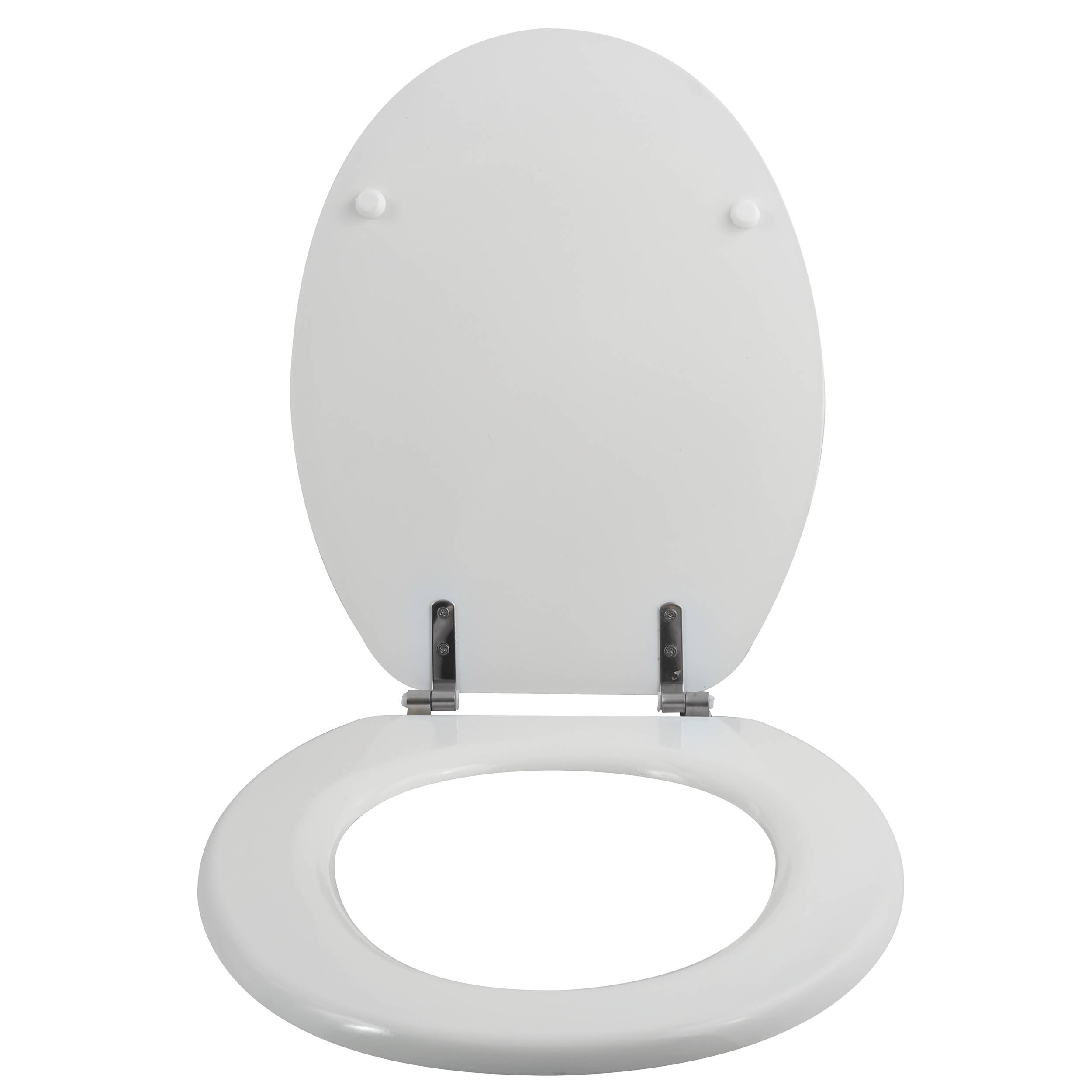 Weißer Toilettensitz mit geöffnetem Deckel, von oben auf einfachem Hintergrund gezeigt.