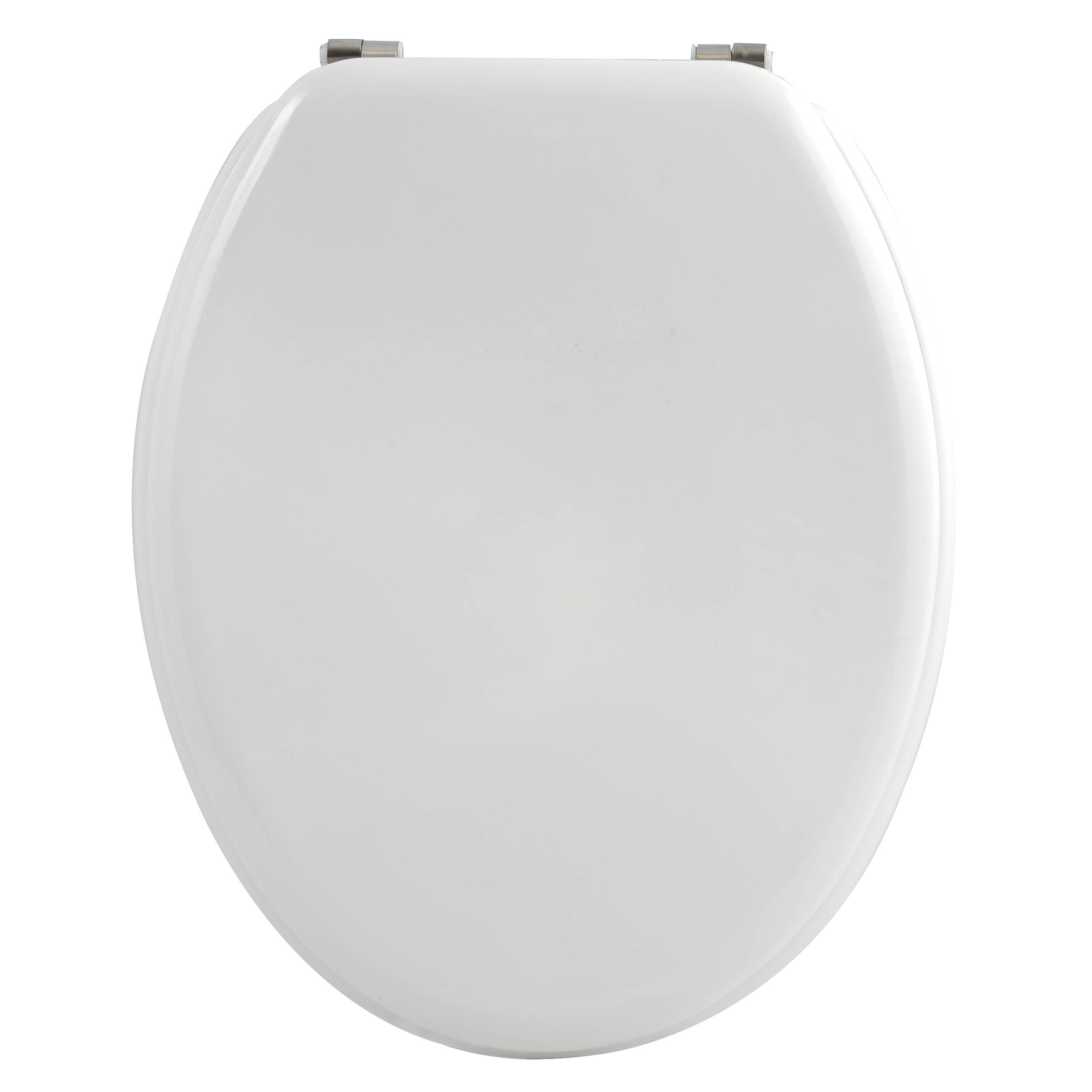 Geschlossener weißer Toilettensitz auf einfachem Hintergrund.
