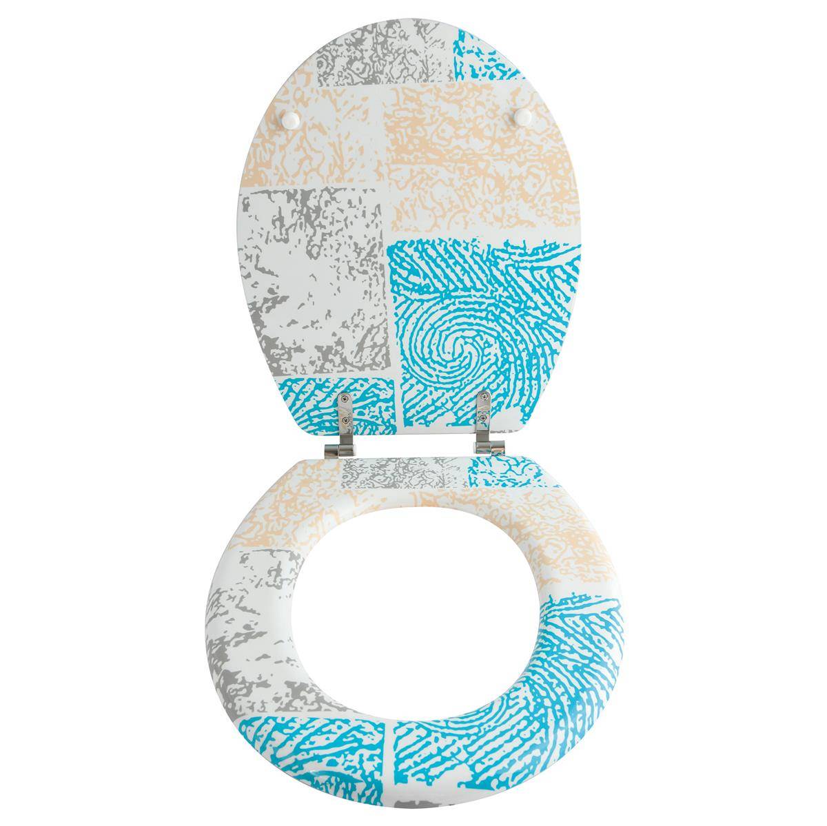 Dekorativer Toilettensitz und Deckel mit einem Mosaik-Design in Grau, Beige und Türkis mit Fingerabdruckmuster.