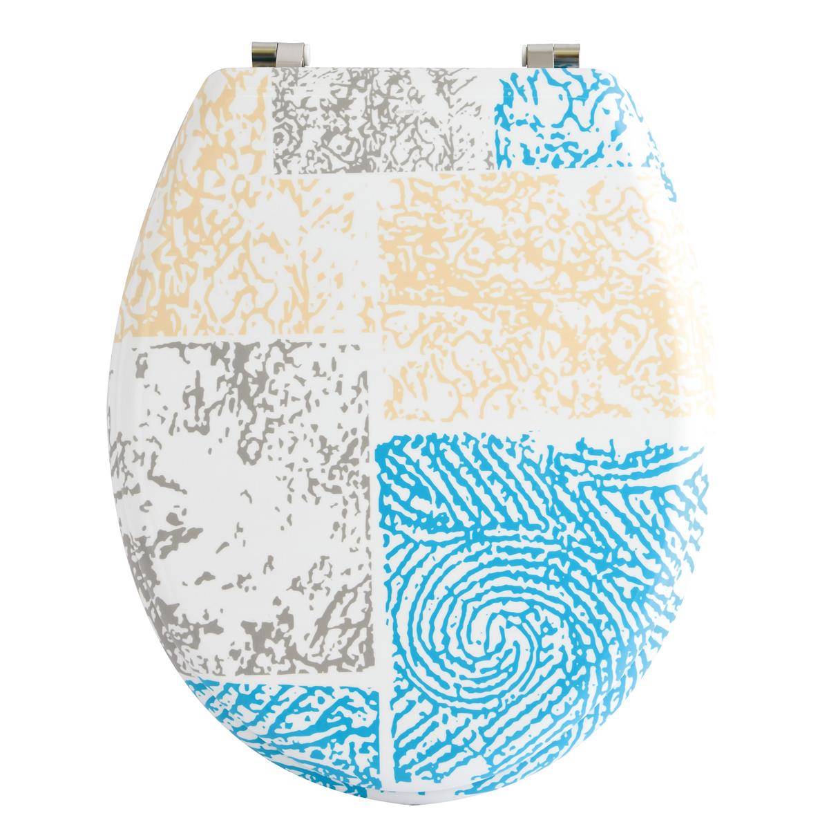 Ovale Toilettensitzdeckel mit einem Patchwork-Fingerabdruckmuster in Blau, Grau und Beige auf weißem Hintergrund.