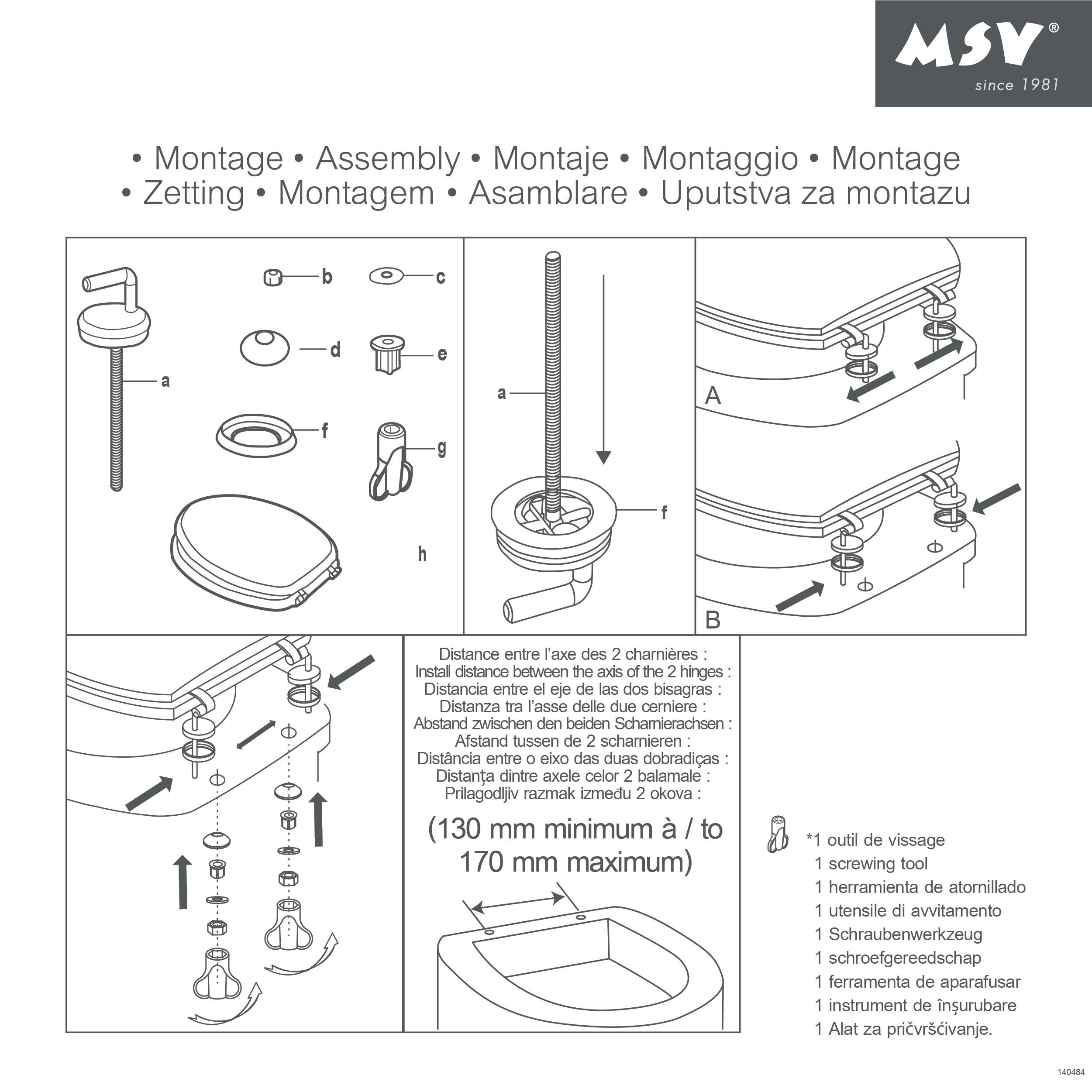 Installationsanleitung mit Diagramm für Toilettensitzmontageteile und schrittweise Installationsanleitung, einschließlich Befestigungselementmontage, Sitzvollausrichtung und erforderlicher LochAbstand von mindestens 130 mm bis maximal 170 mm.