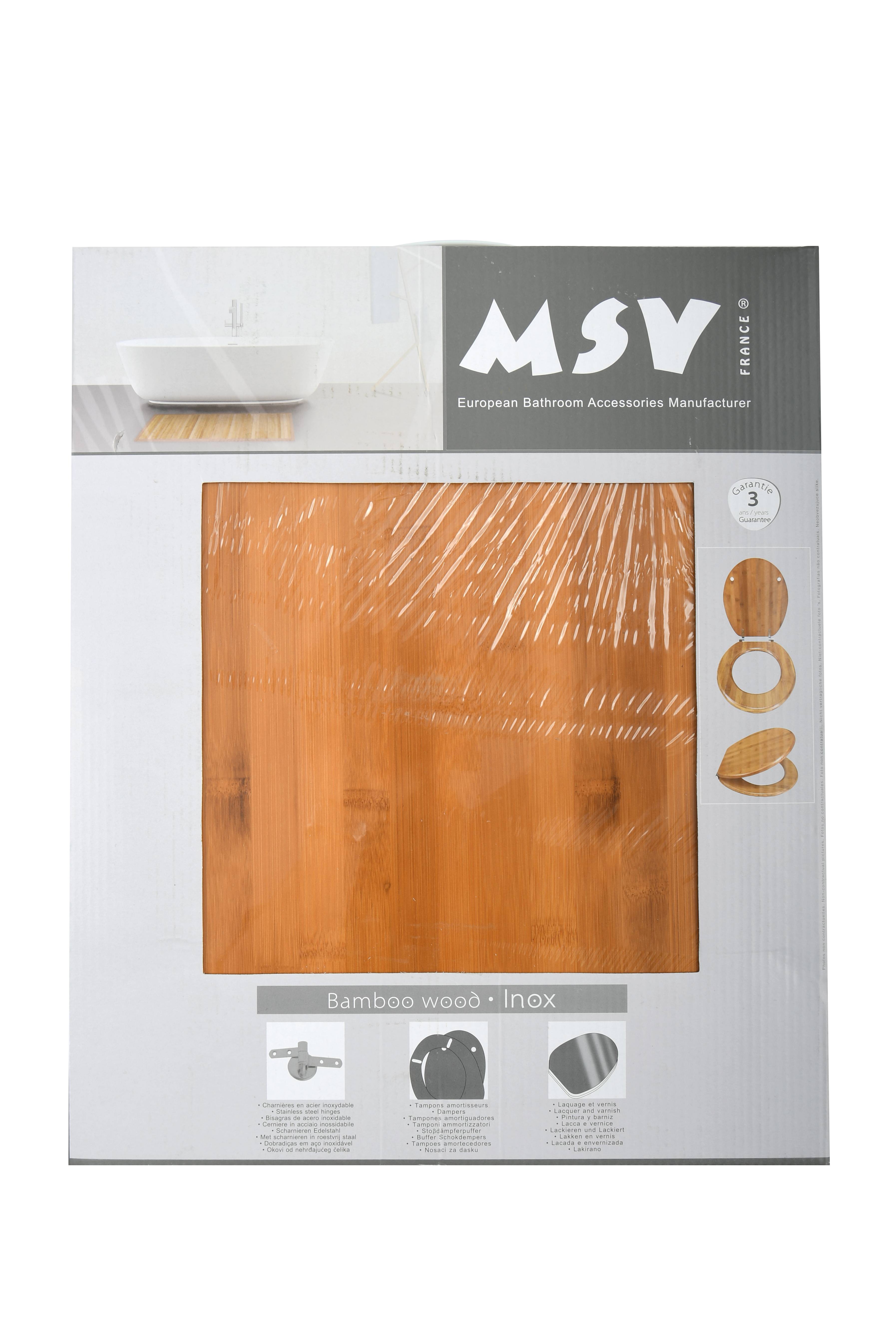 Produktverpackung für ein MSV-Badezimmerzubehör, das einen Toilettensitz oder -deckel aus Bambusholz und Edelstahl in einer Schachtel mit Produktfotos und Funktionssymbolen zeigt.