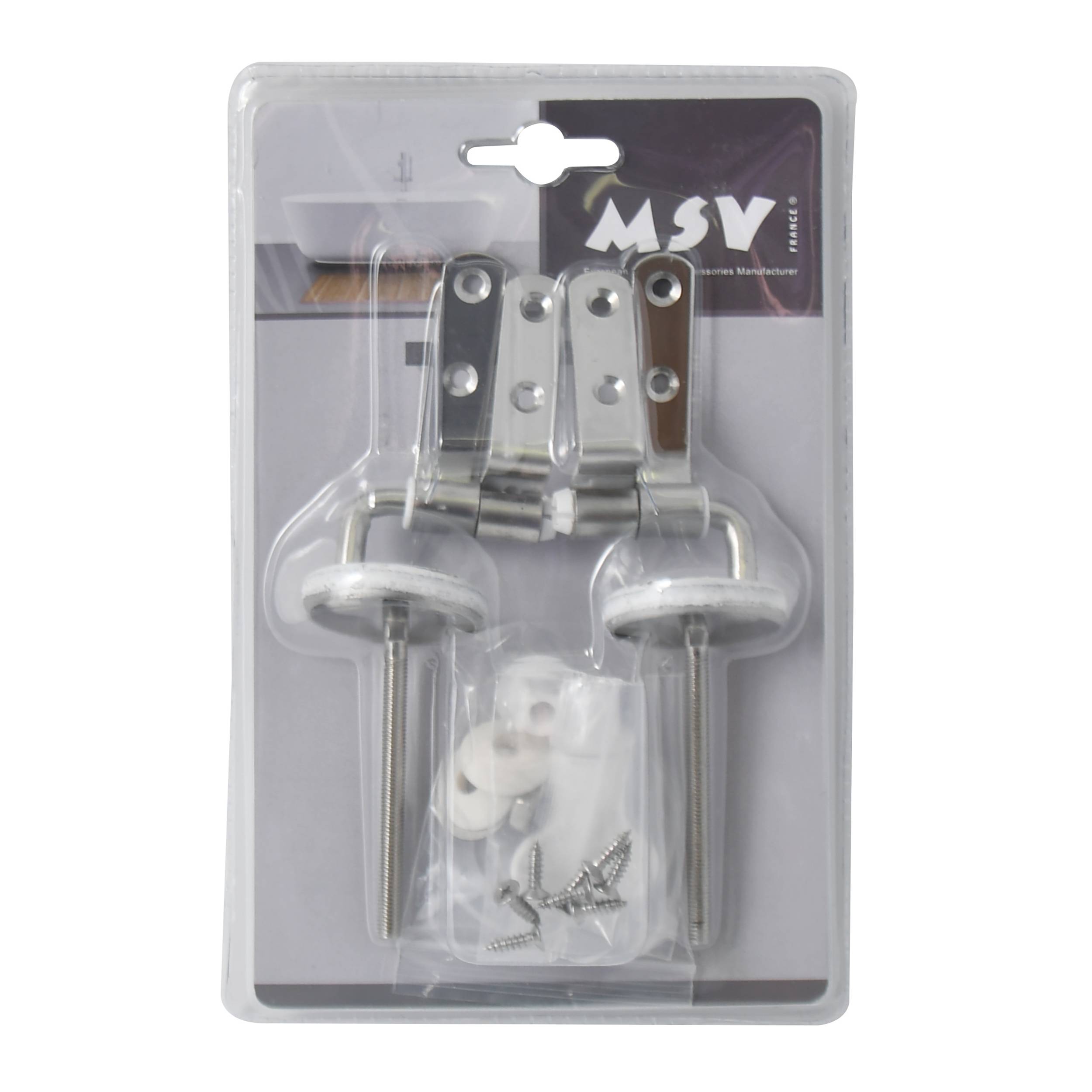 Blisterpackung mit Metallfenstersperrriegeln mit Schrauben und weißen Kunststoffabstandhaltern, gekennzeichnet mit „MSV".