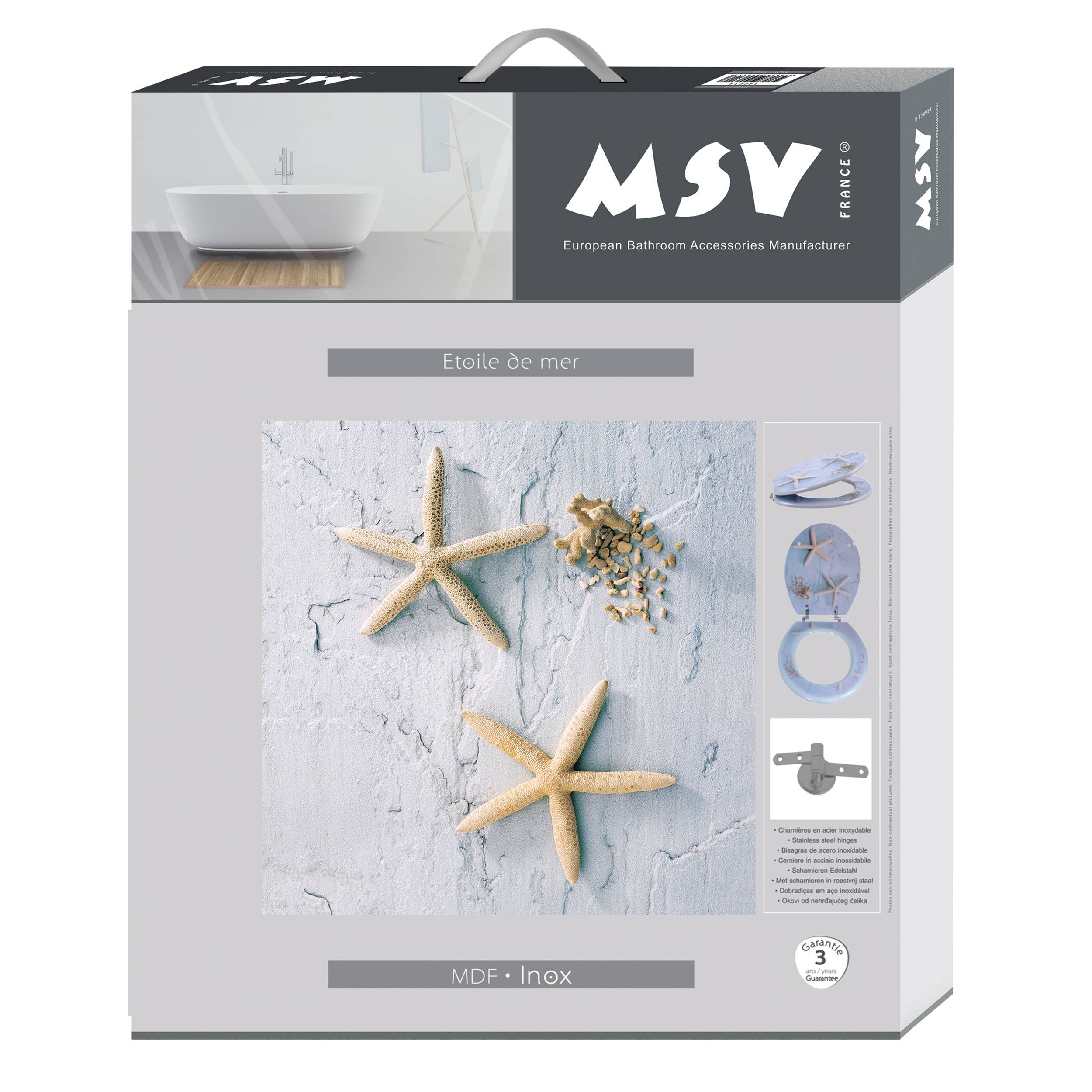 Verpackung für MSV 'Etoile de mer' Badezimmerzubehör-Set, das seesternförmige Dekoration und Produktbilder zeigt, mit der Bezeichnung 'MDF - Inox' und einem 3-Jahres-Garantie-Abzeichen.
