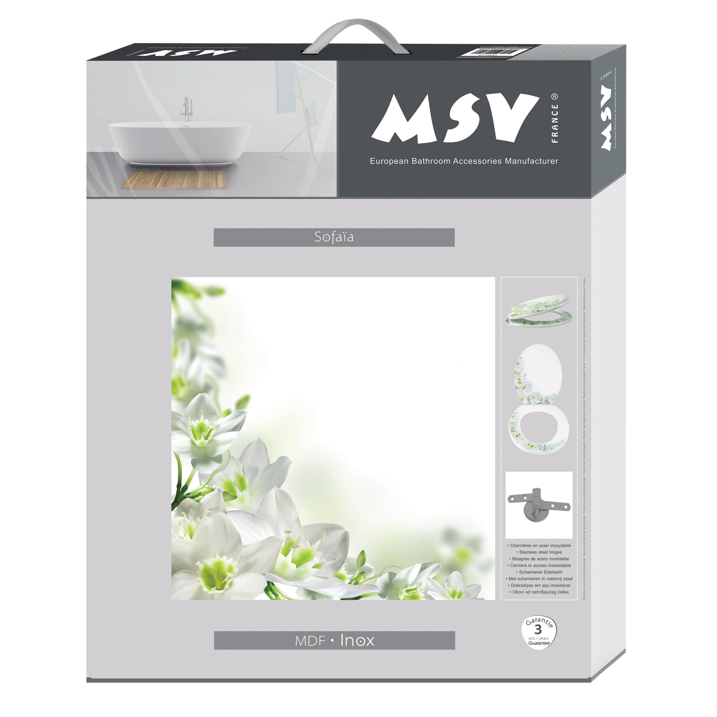 MSV Sofia Badezimmerschrank mit weißem Blumenmuster, gekennzeichnet mit "MDF - Inox"" und ""3 Jahre Garantie"".