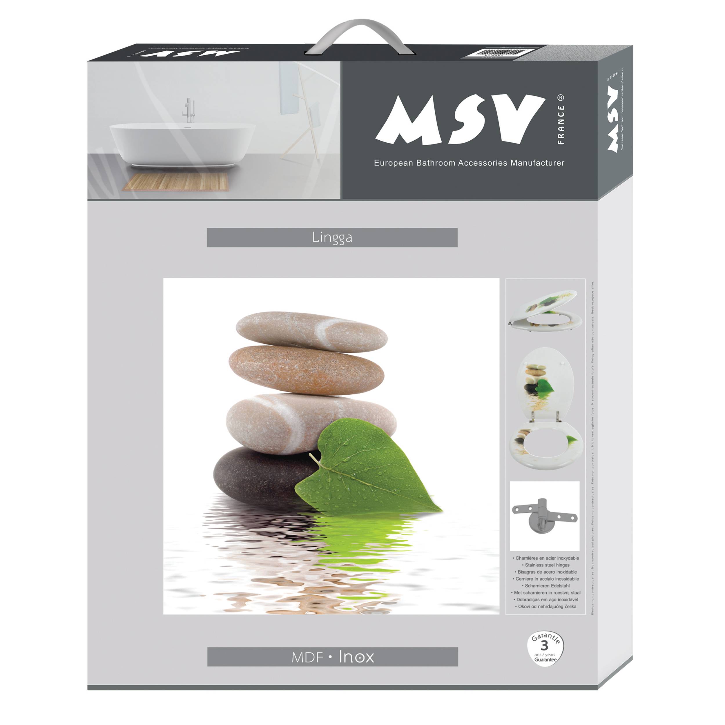 Verpackungskarton für MSM France Badezimmerzubehör, mit der Bezeichnung „Lingga" und „MDF - Edelstahl"", mit Produktfotos und einem 3-Jahre-Garantie-Abzeichen.