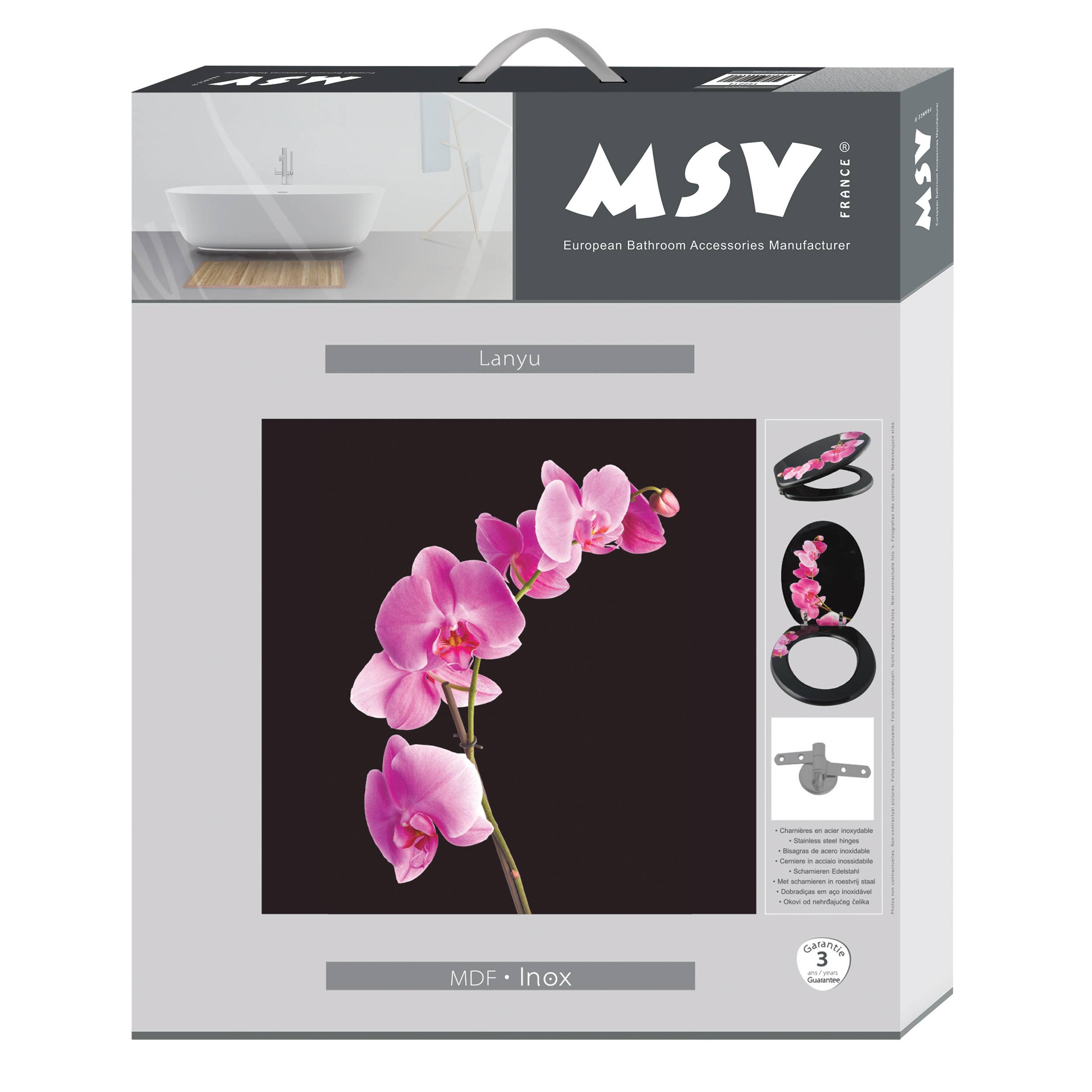Produktverpackung für MSV 'Lanyu' Badezimmerzubehör, mit einem rosa Orchideendesign, 'MDF - Inox' und einem Garantiebadge von 3 Jahren.