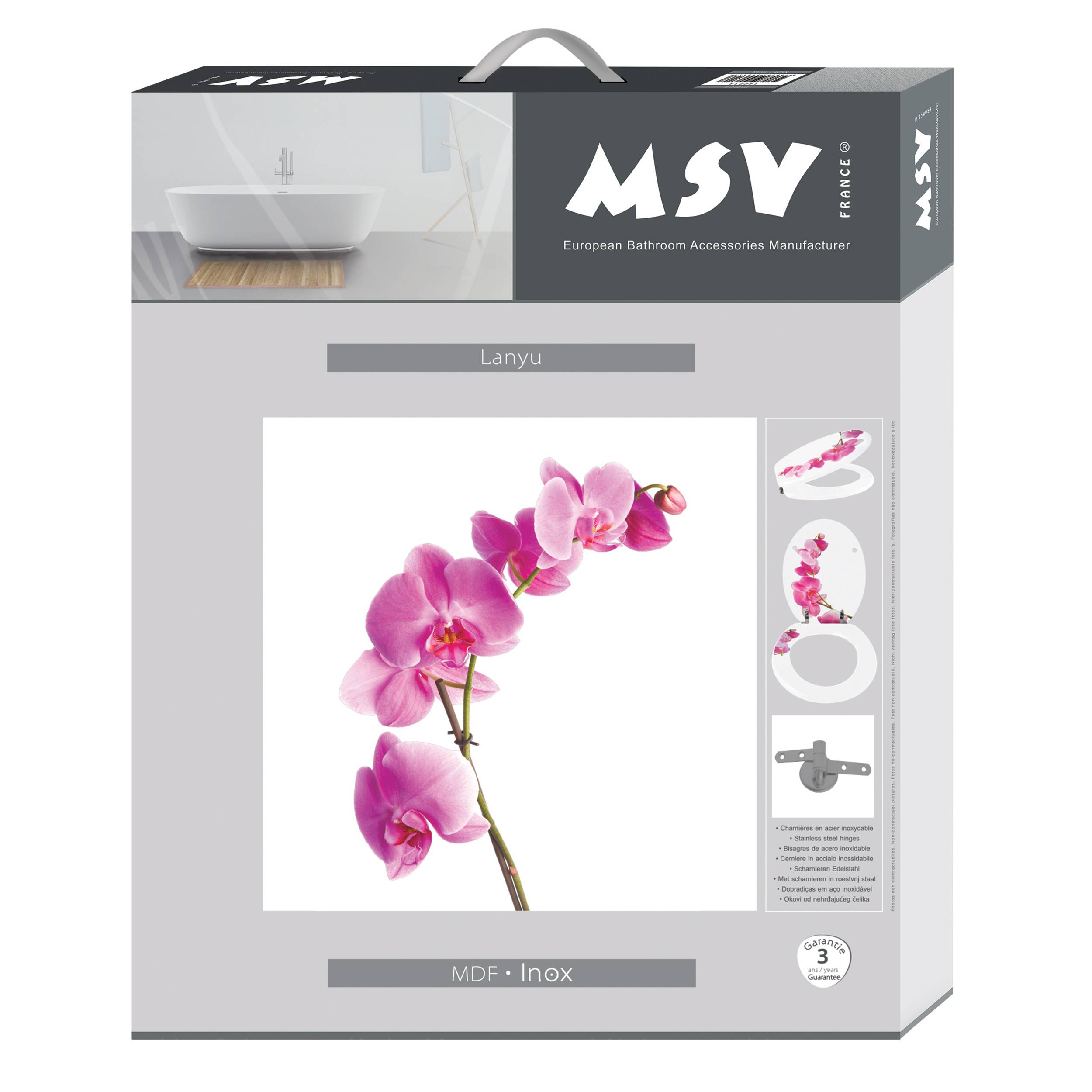 Verpackung für ein MSV-Badezimmerzubehörset mit der Bezeichnung „Lanyu" und „MDF - Inox"", mit einem rosa Orchideen-Design auf der Schachtel.
