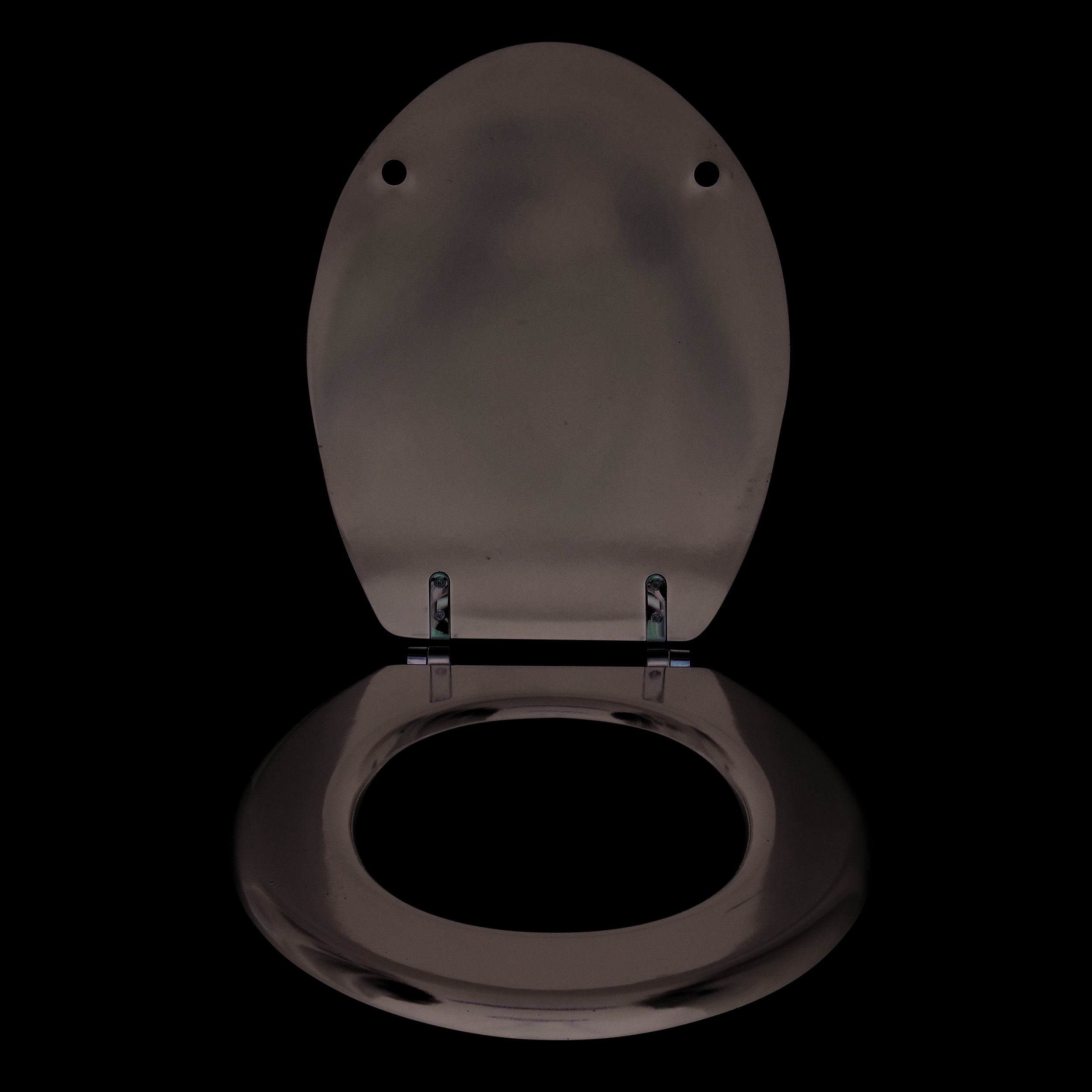 Offene Toilettenschüssel mit dunkelgrauem Deckel und Ring auf weißem Hintergrund.