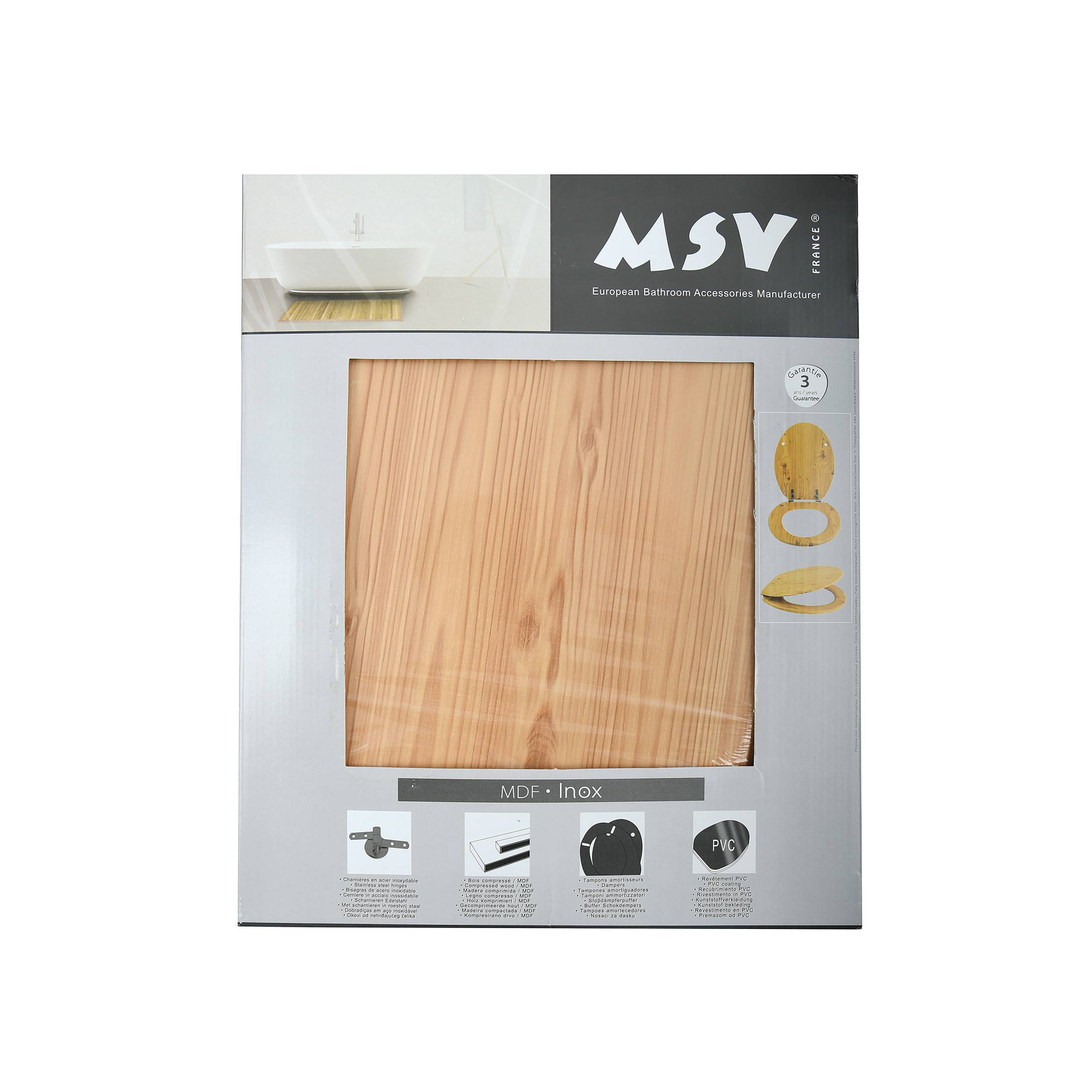 Verpackung für ein MSV-Badezimmerzubehör mit einer MDF-Platte in Holzmaserung, mit der Bezeichnung „MDF - Inox", zeigt Toilettensitzbilder und Produktmerkmale.