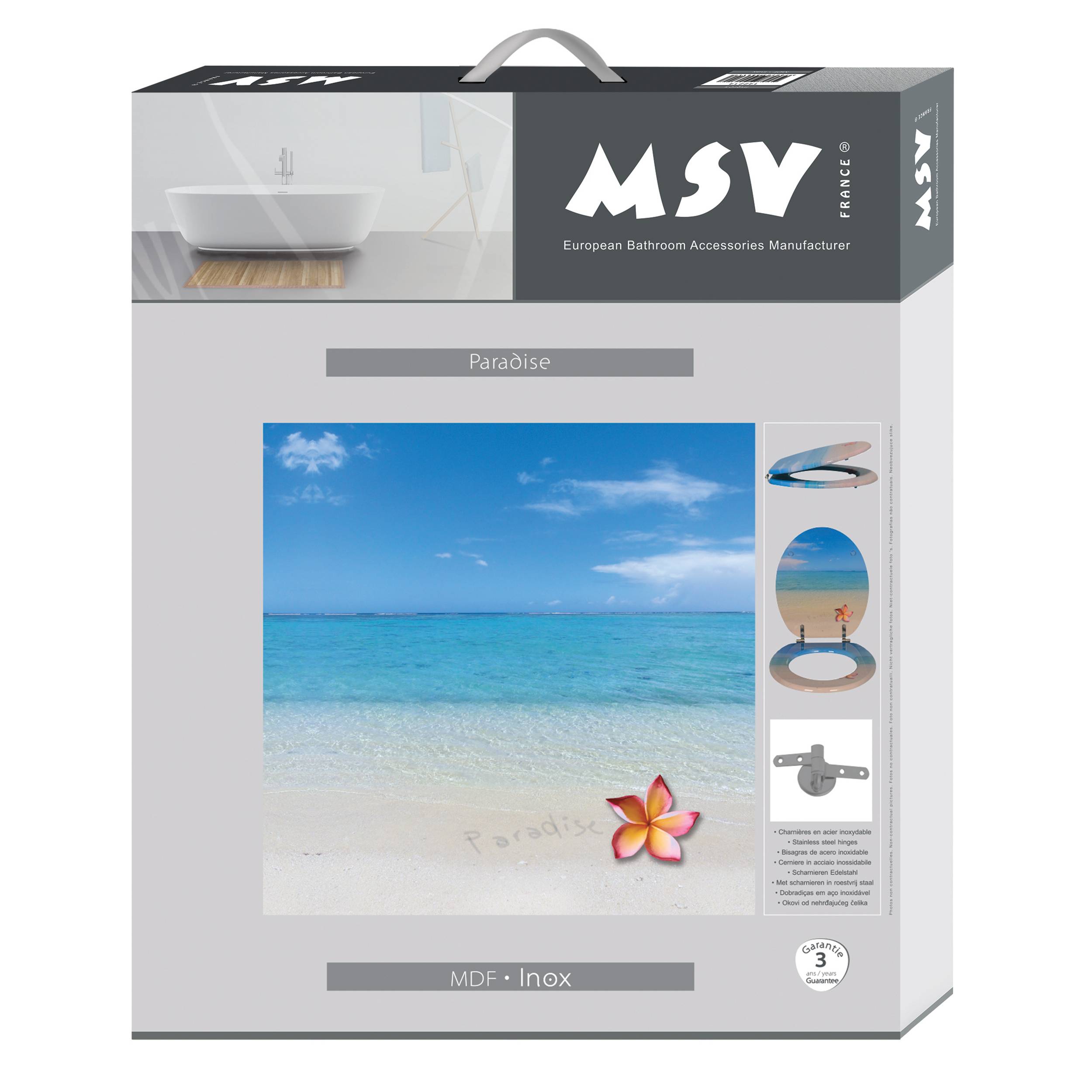 MSV Badezimmeraccessoires-Verpackung mit der Bezeichnung "Paraïse"" mit einer Strandszene, Produktfotos und der Materialangabe ""MDF - Inox"".
