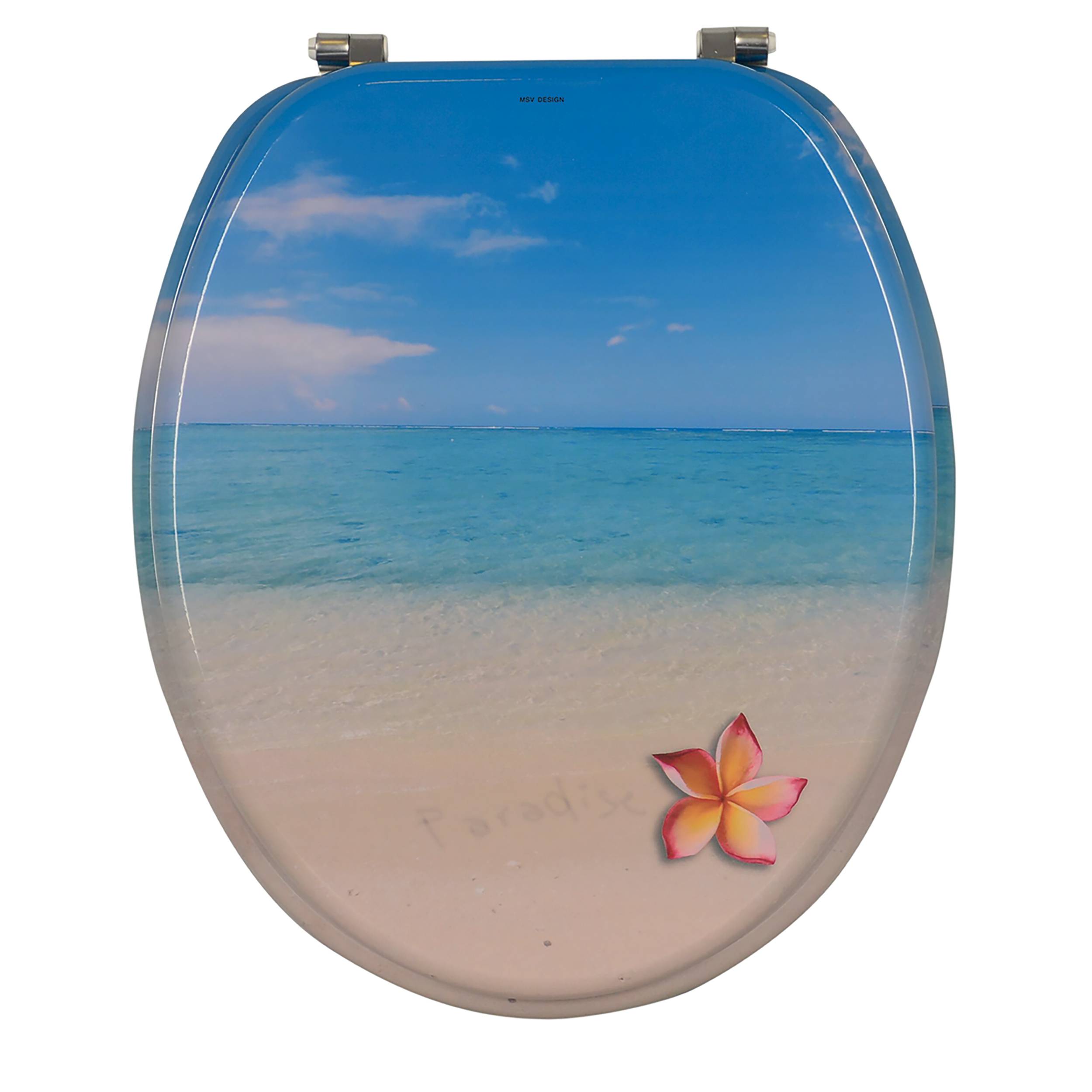 Ein Toilettensitz mit einer tropischen Strandszene auf dem Deckel bedruckt, einschließlich blauem Ozean, Sand, Himmel und einer kleinen Blumendekoration.
