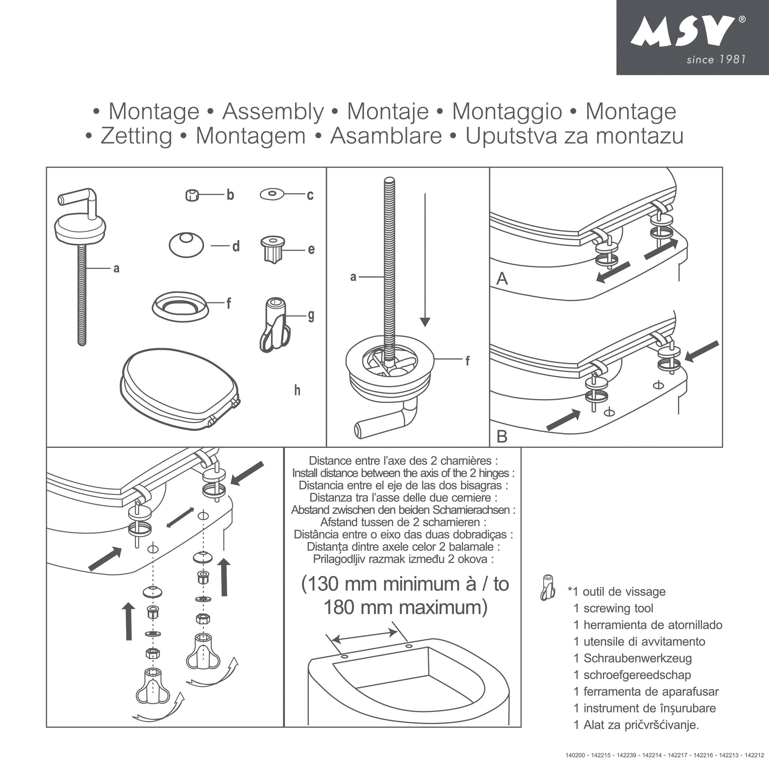 Bebilderte Montageanleitung für einen MSV-Toilettensitz mit nummerierten Teilen, Befestigungsschritten und Abstand zwischen Scharnieren von mindestens 130 mm bis maximal 180 mm.