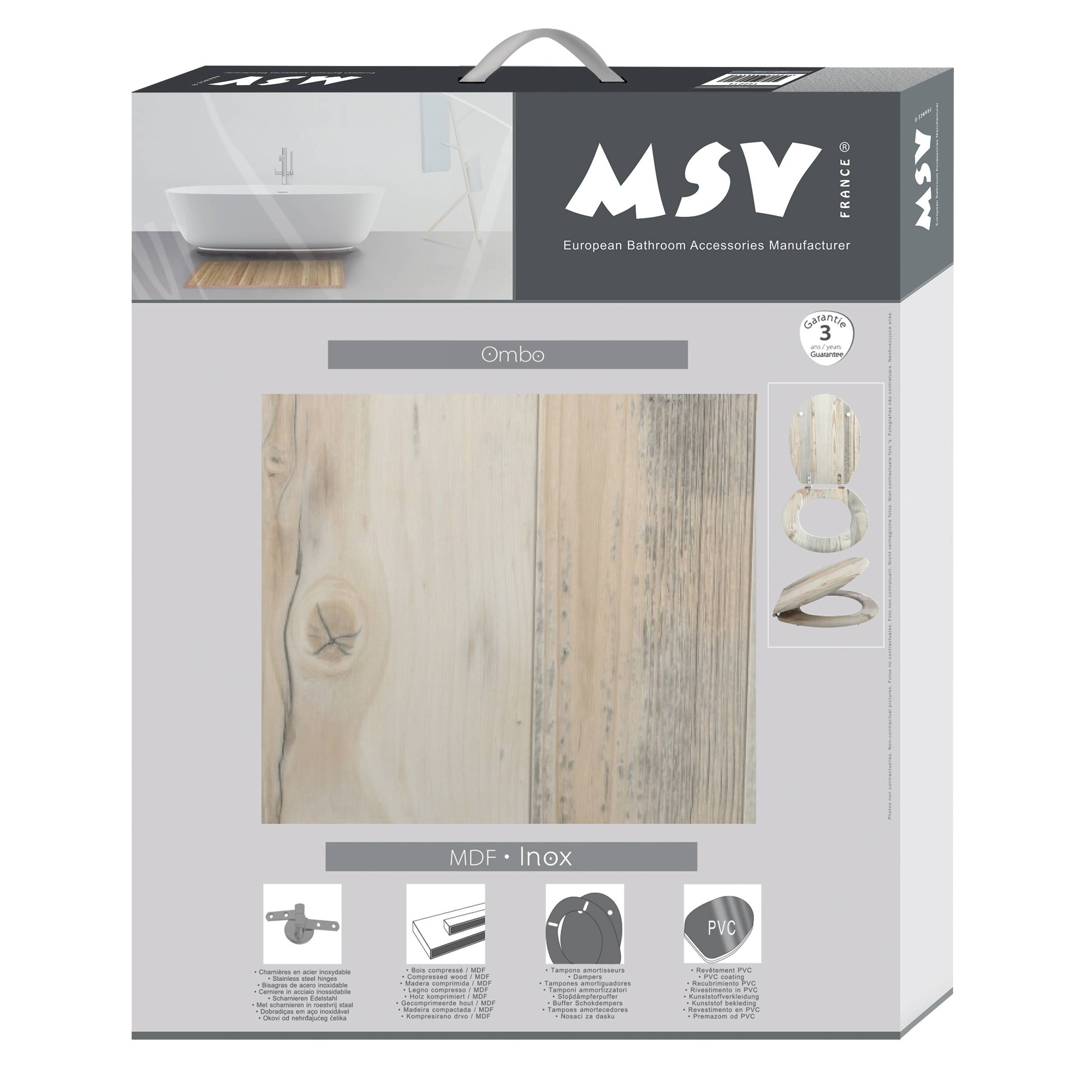 Verpackungskarton für ein MSV-Badezubehör-Set "Ombo"", das einen Toilettensitz mit Holzmaserung und einen Griff zeigt, mit Produktmerkmals-Symbolen und einem Badewannenfoto.