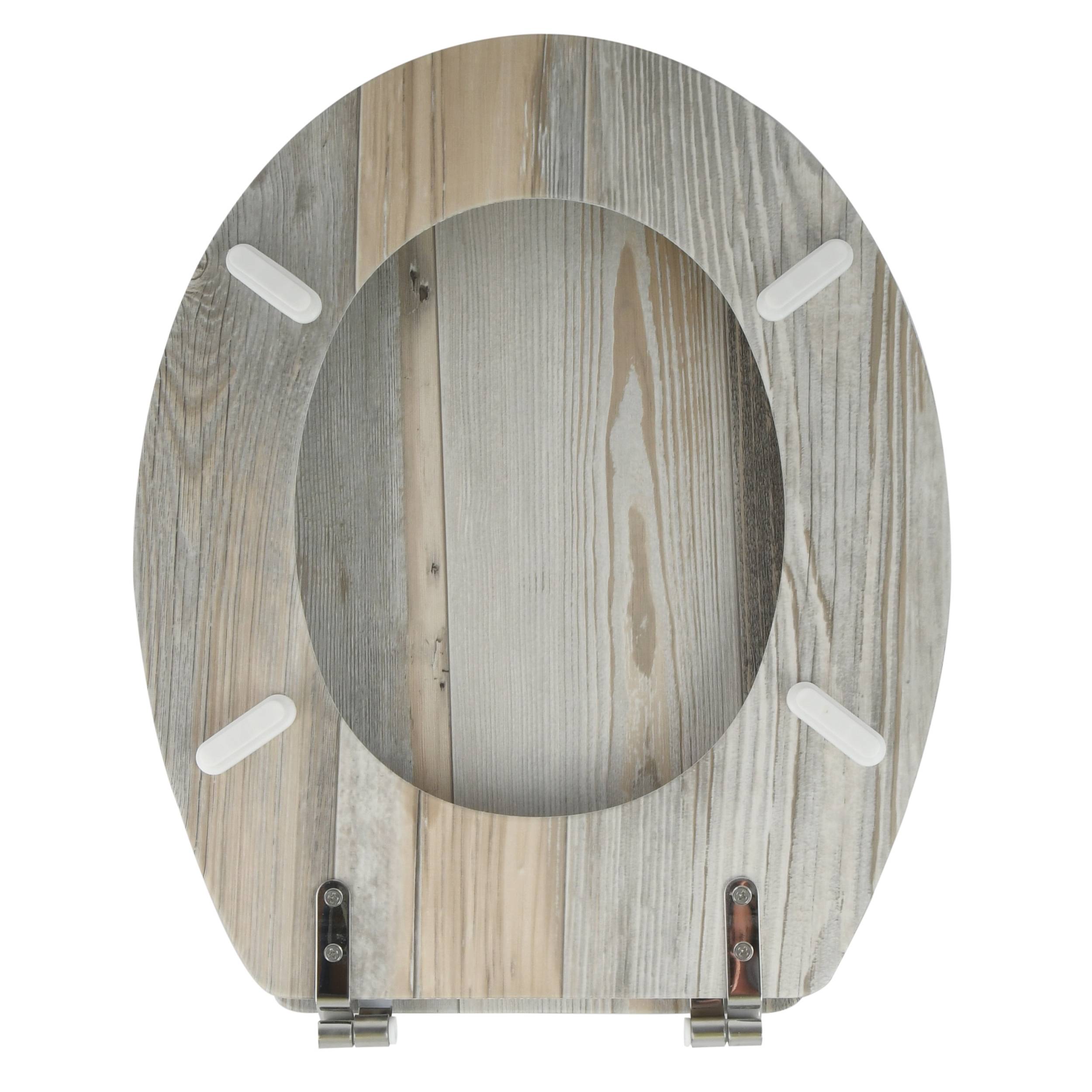Holzmaserung-Toilettensitz mit offenem Vorderteil und Metallscharnieren, von oben auf weißem Hintergrund gezeigt.