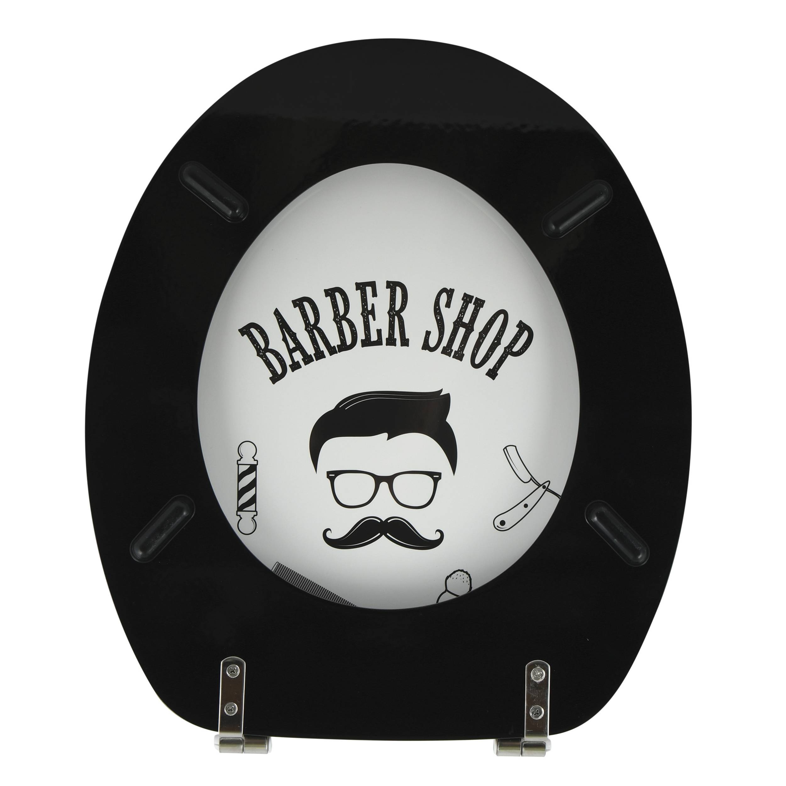 Schwarzes ovales Friseursalon-Schild mit dem Text „BARBER SHOP", Logo mit Brille und Schnurrbart sowie Frisierstangen- und Rasiermesser-Symbolen.