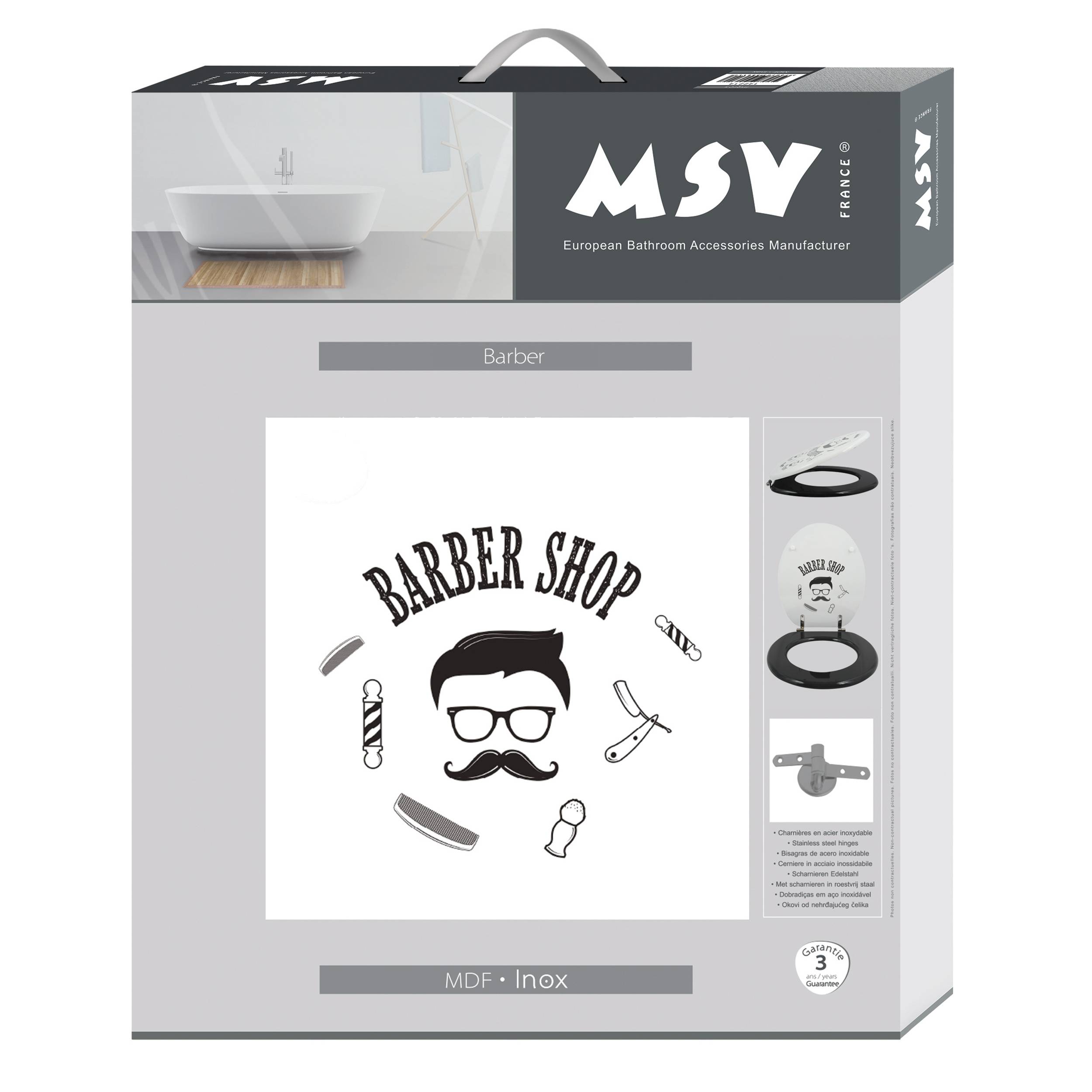 Verpacktes Badezimmer-Accessoire-Set mit Barbier-Thema, gekennzeichnet mit "MSV"" und ""Barber"", mit schwarzweißem Barbier-Logo und Bildern von Accessoires auf der Verpackung.