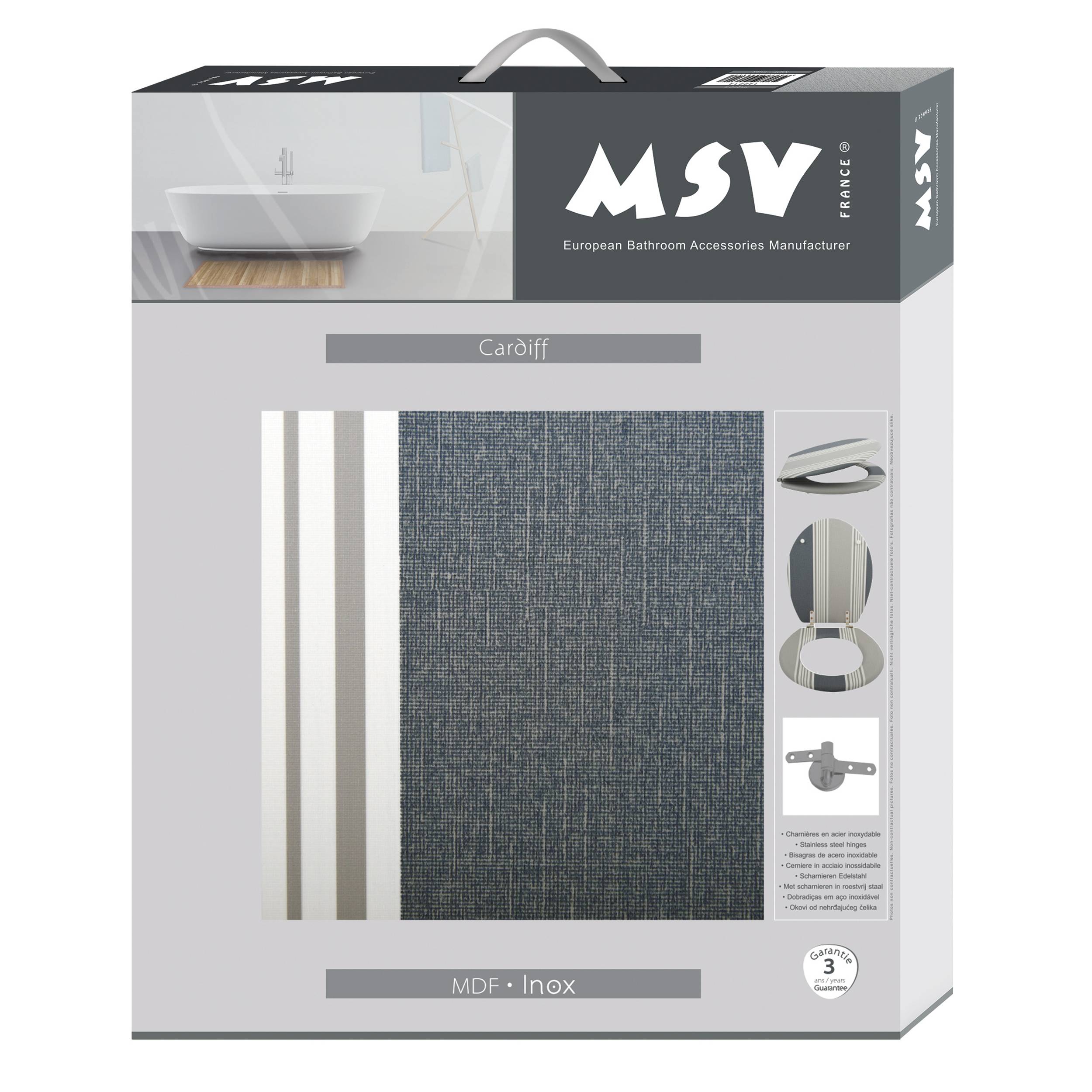 MSV 'Caroff' Badezimmer-Zubehör-Set-Box, die ein graues strukturiertes Panel mit gestreiften Seiten und Produktbildern auf der rechten Seite zeigt.
