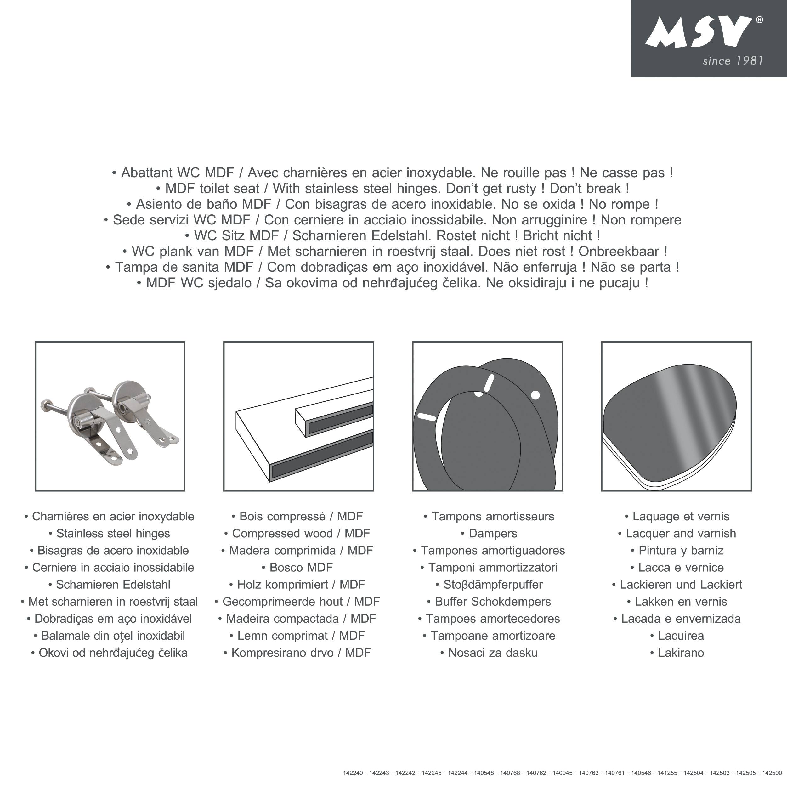 MSV-Produktdiagramm mit vier Hardwareteilen für MDF/WC-Türen: Edelstahlscharniere, Sperrholz/MDF, Gummiabstoßer und lackierte/vernis Oberflächen.