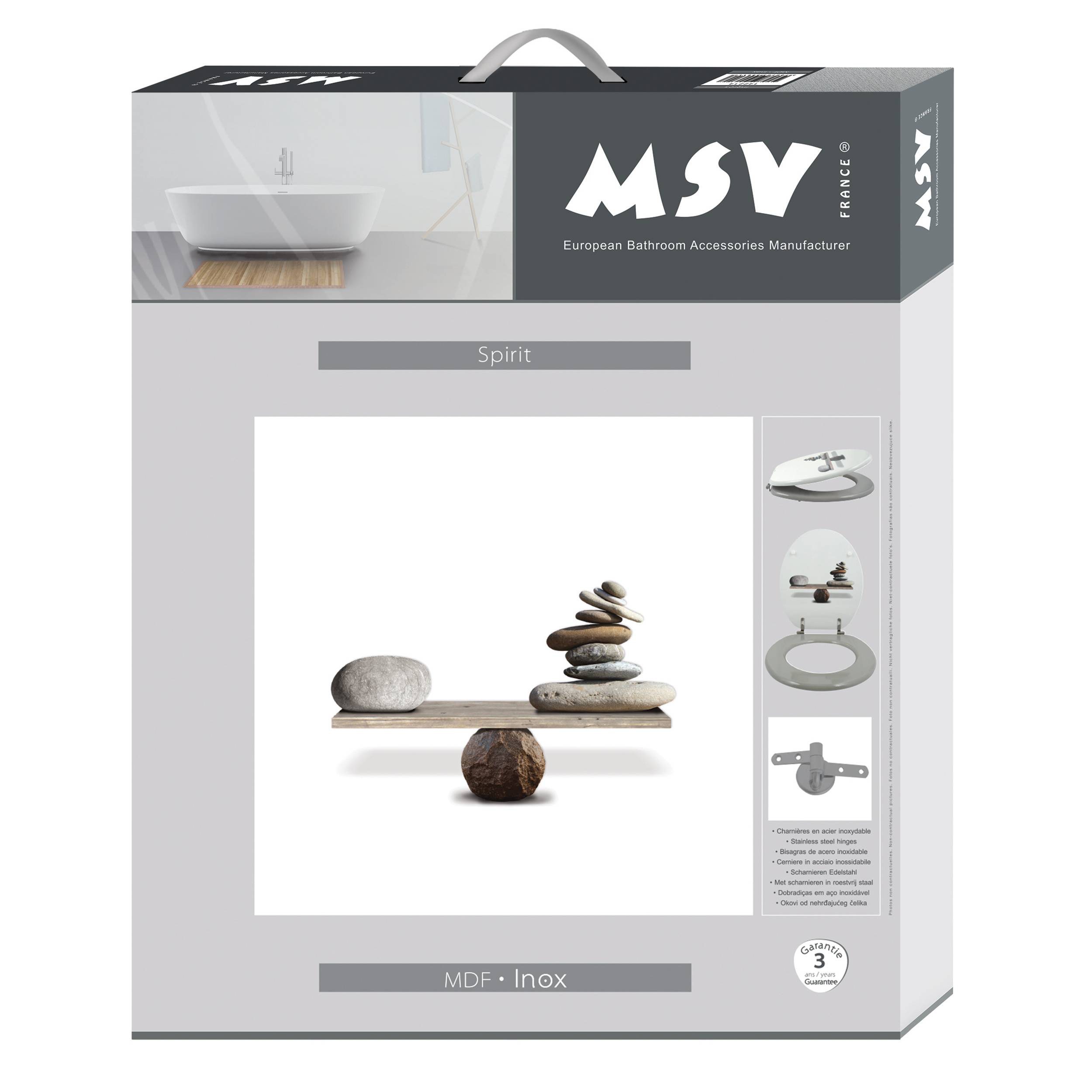 MSV 'Spirit' Badezimmeraccessoire-Set in grauem Karton mit Seifenschale und passenden Accessoires mit Steinstapel-Produktabbildung und 'MDF - Inox' Etikett.