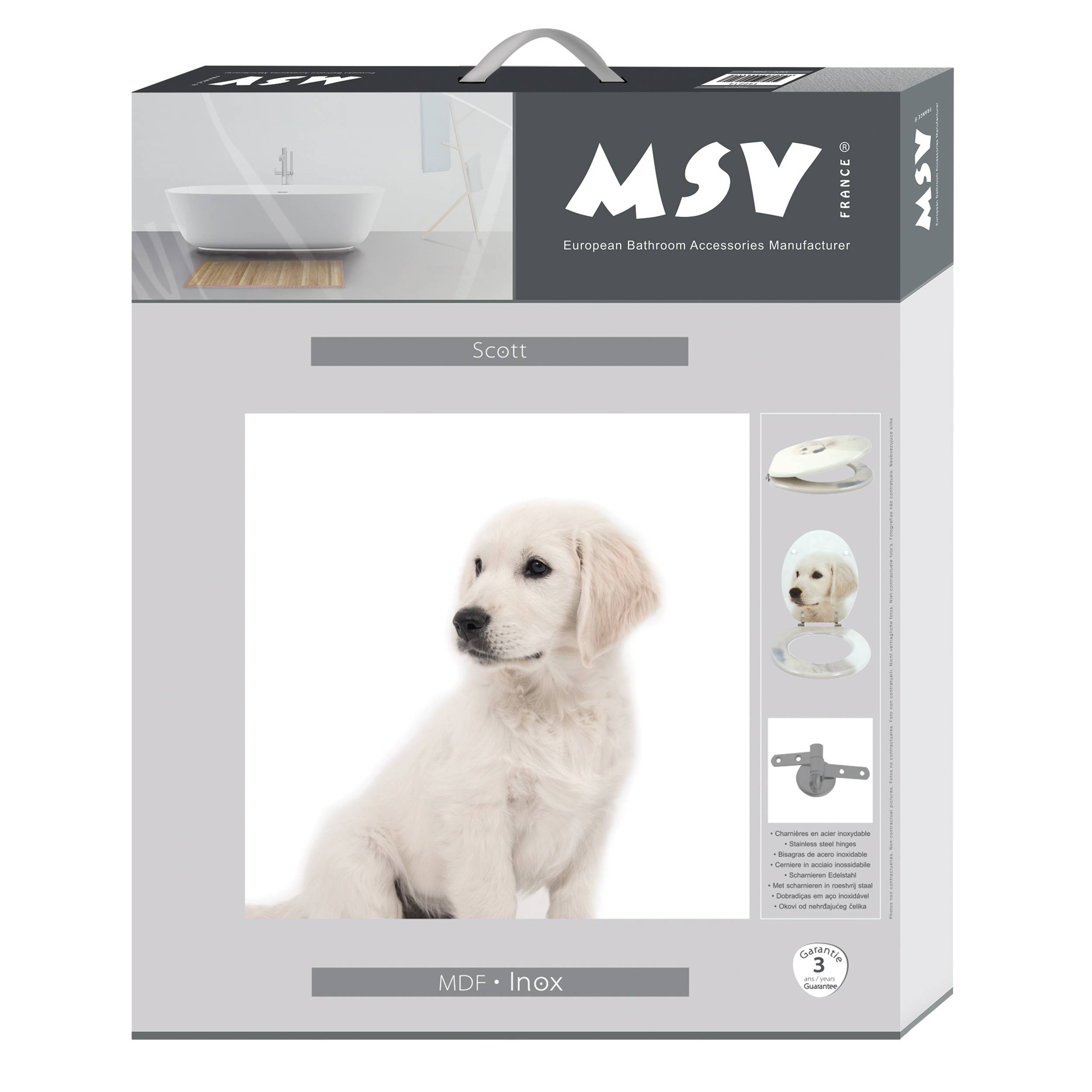 Produktverpackung für eine 'Scott' Haustierklappe, auf der ein weißer Hund, Installationszubehör und MSV-Branding auf einer grauen Schachtel abgebildet sind.