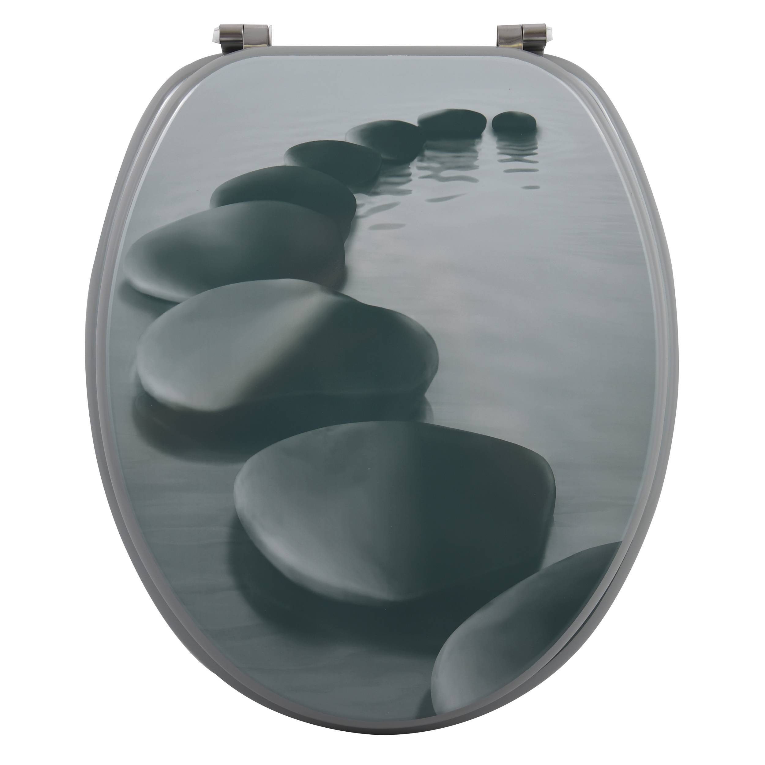 Toilettensitz mit einem beruhigenden Bild von glatten Steinen im Wasser, das ein spa-ähnliches Design schafft.