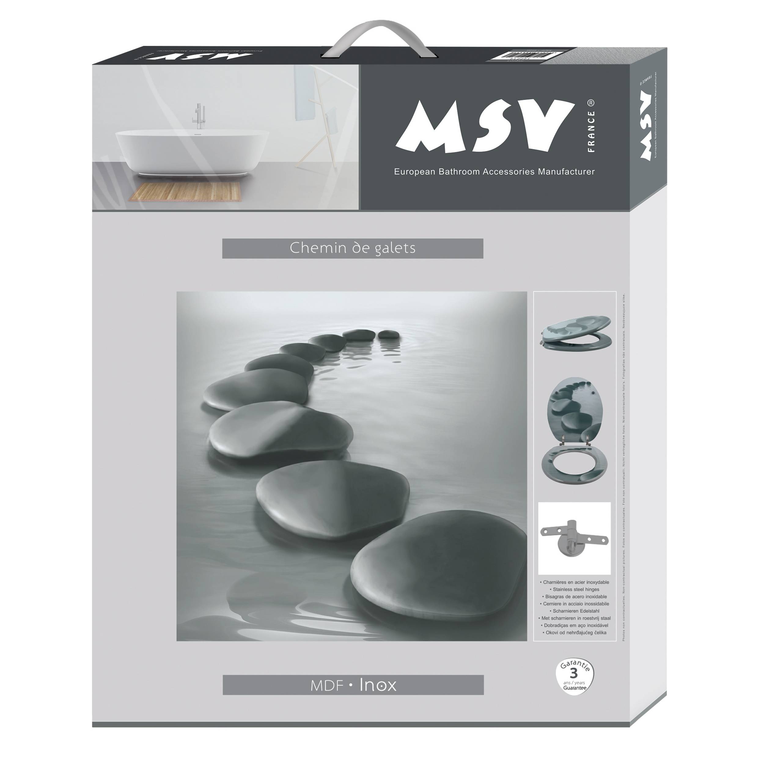 Verpackung für MSV Badezimmeraccessoires mit dem Titel „Chemin de galets", zeigt kieselsteinförmige MDF- und Edelstahl-Toilettenbrille-Teile mit Produktfotos und einem 3-Jahre-Garantiesiegel.