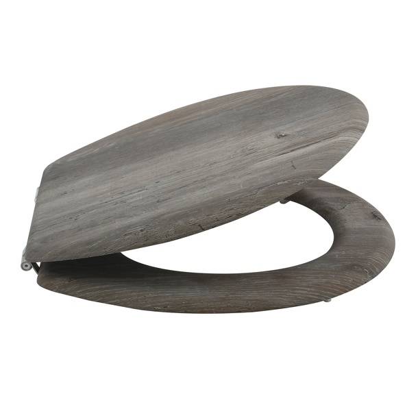 Geschlossener ovaler Holz-Toilettensitz in dunkelgrauer Ausführung, von der Seite auf weißem Hintergrund betrachtet.