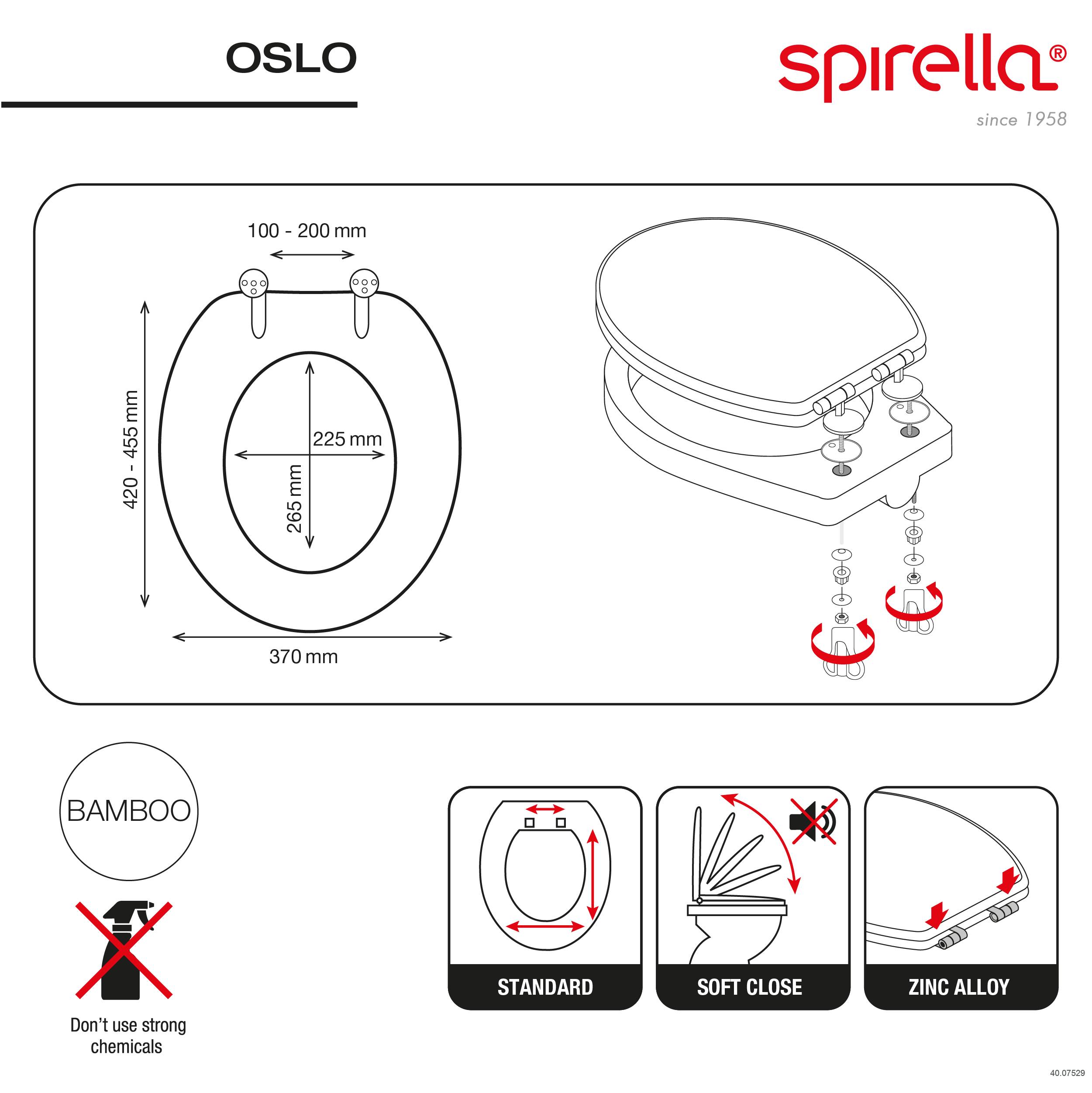 Produktdiagramm für einen Toilettensitz "OSLO"" mit Abmessungen, Scharnierabstand und Installationsteilen, mit Symbolen für Bamboo-Materialpflege, Standardpassform, Soft-Close und Zinklegierungsscharniere.