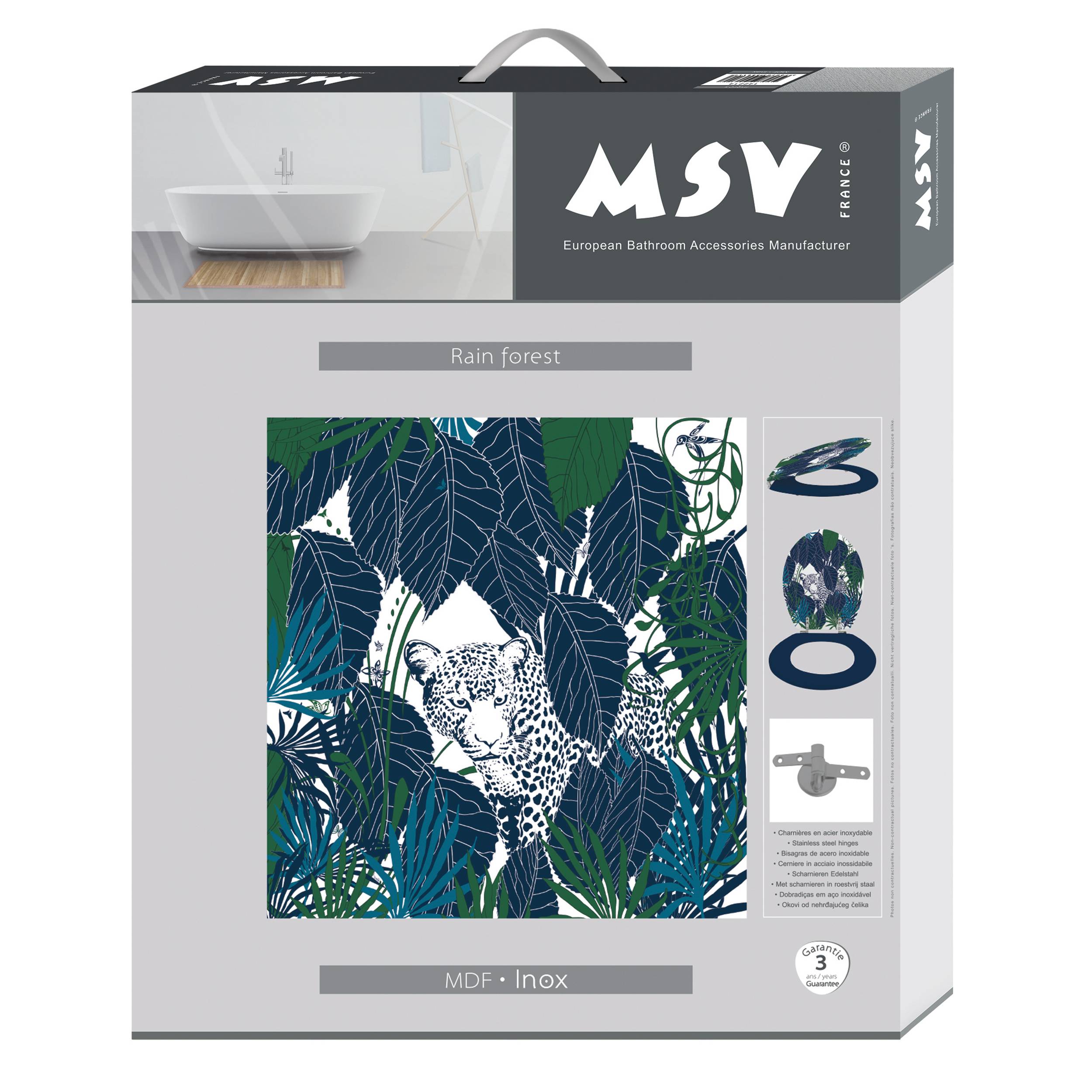 Verpackung für MSV Badezimmerregal oder -schrank, gekennzeichnet mit 'Regenwald', zeigt einen Leoparden in dichtem tropischem Laub, mit MDF- und Edelstahlmaterialien vermerkt.