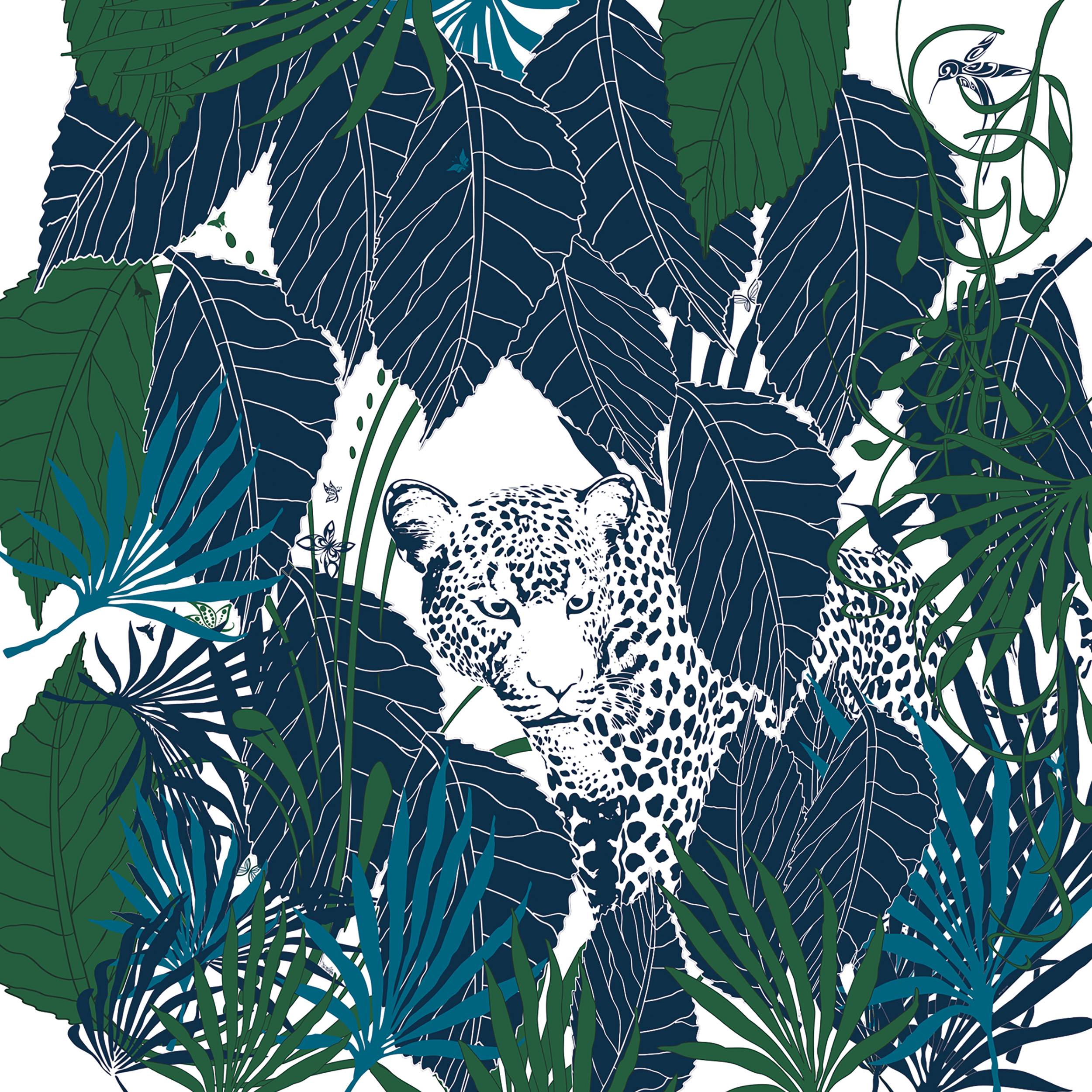 Illustration eines Leoparden, der durch dichtes tropisches Laub und Blattwerk lugt.