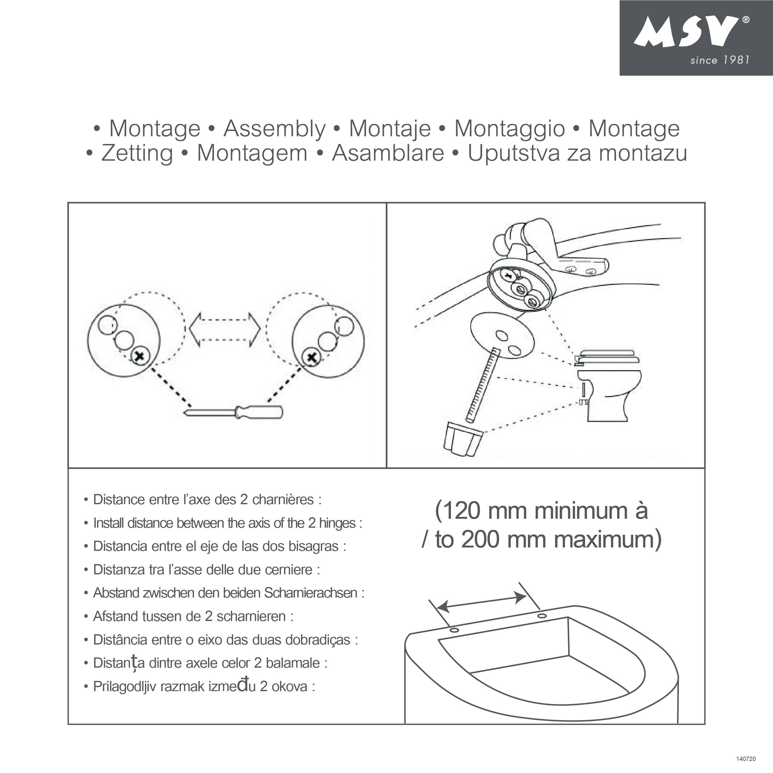 Installationsanleitung für Toilettensitz-Scharniere: Diagramme zeigen Scharnierabstand zwischen 120 mm Mindestabstand und 200 mm Maximalabstand, mit Teilemontageschritten.