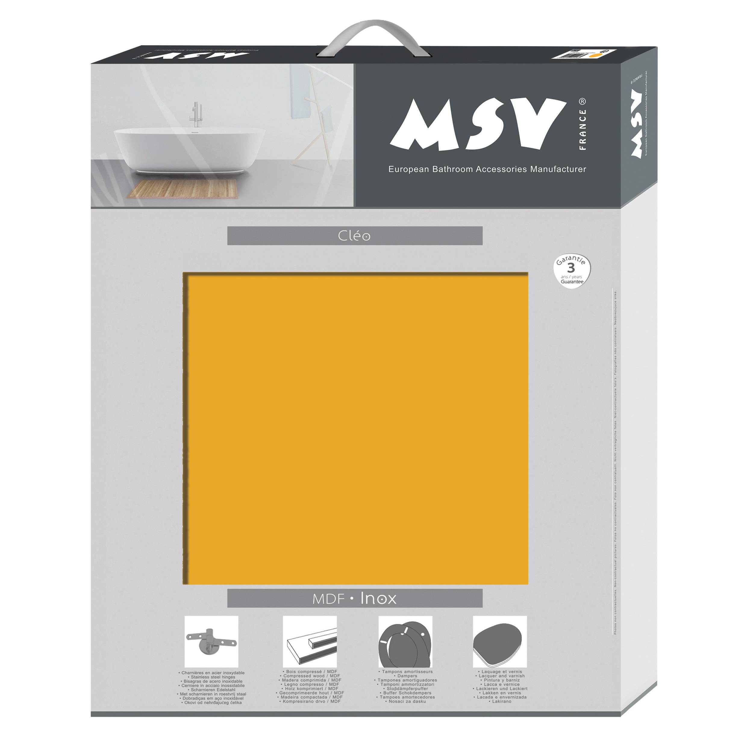 MSV 'Cleo' Badezimmerschrank-Set mit gelbem Frontpaneel und Produktfoto, gekennzeichnet mit 'MDF - Edelstahl' und 3 Jahren Garantie.