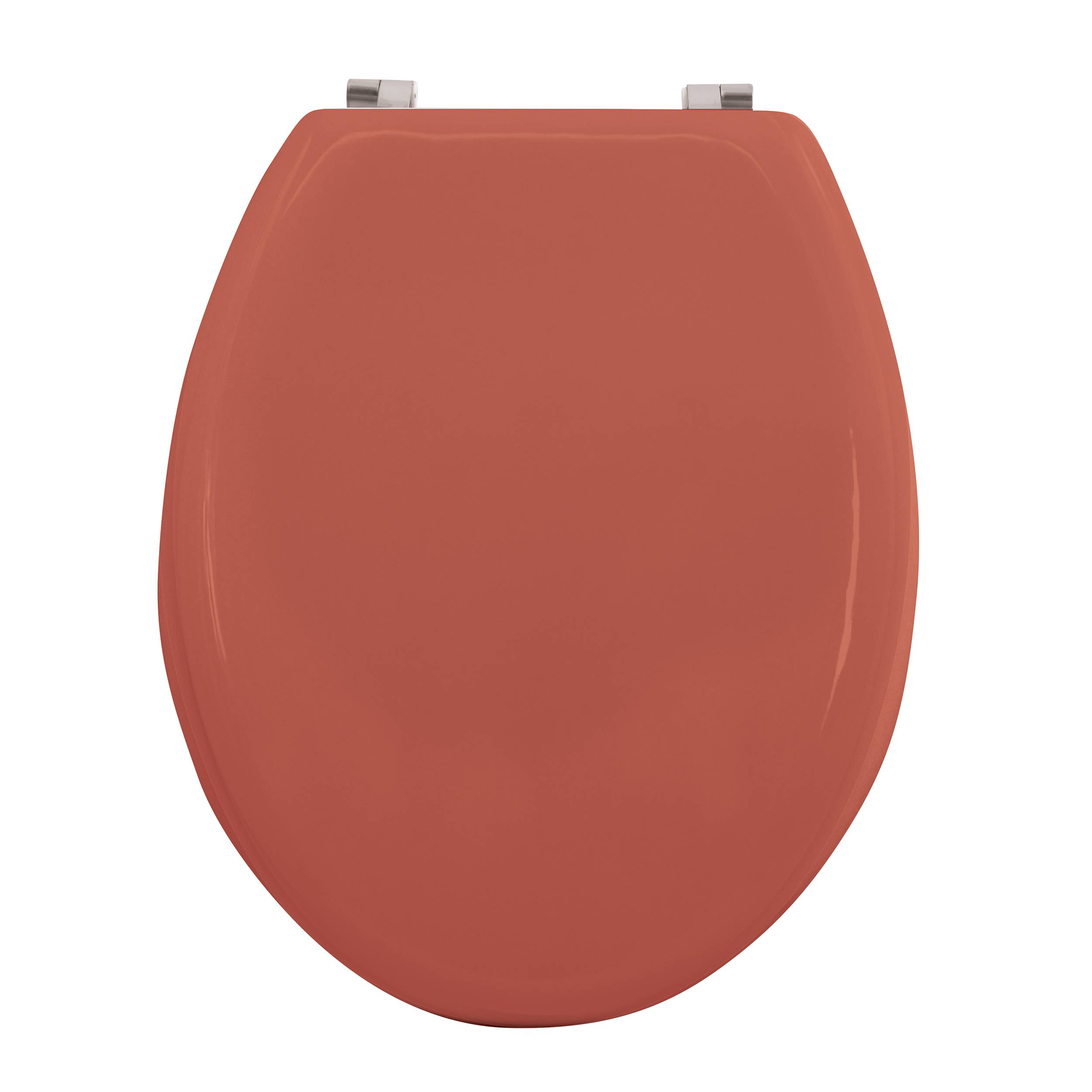 Roter Toilettensitzdeckel mit Scharnieren, geschlossen auf weißem Hintergrund dargestellt.