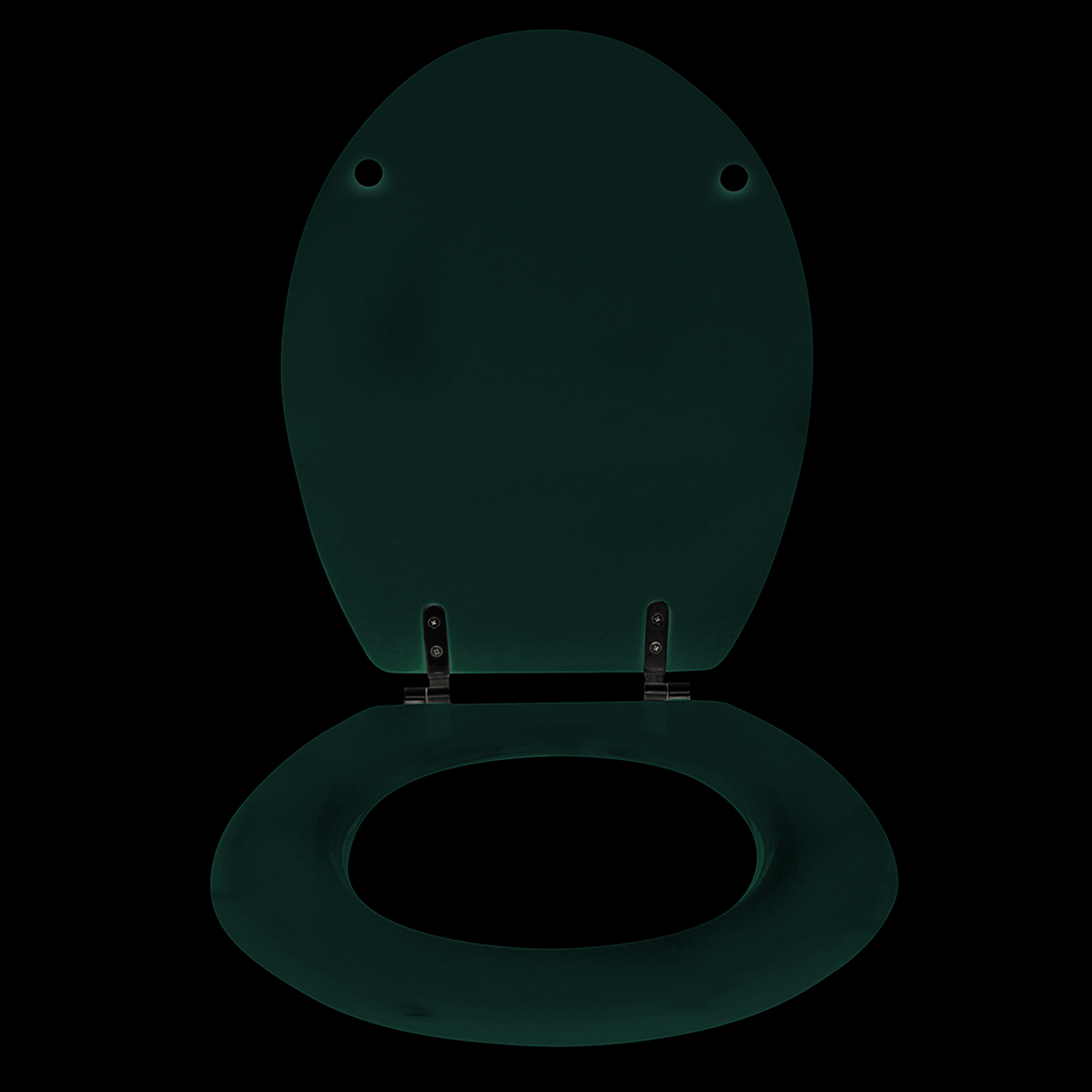 Rote Toilettensitzbrille mit offenem Deckel, die den ovalen Sitz und die Scharniere auf weißem Hintergrund zeigt.
