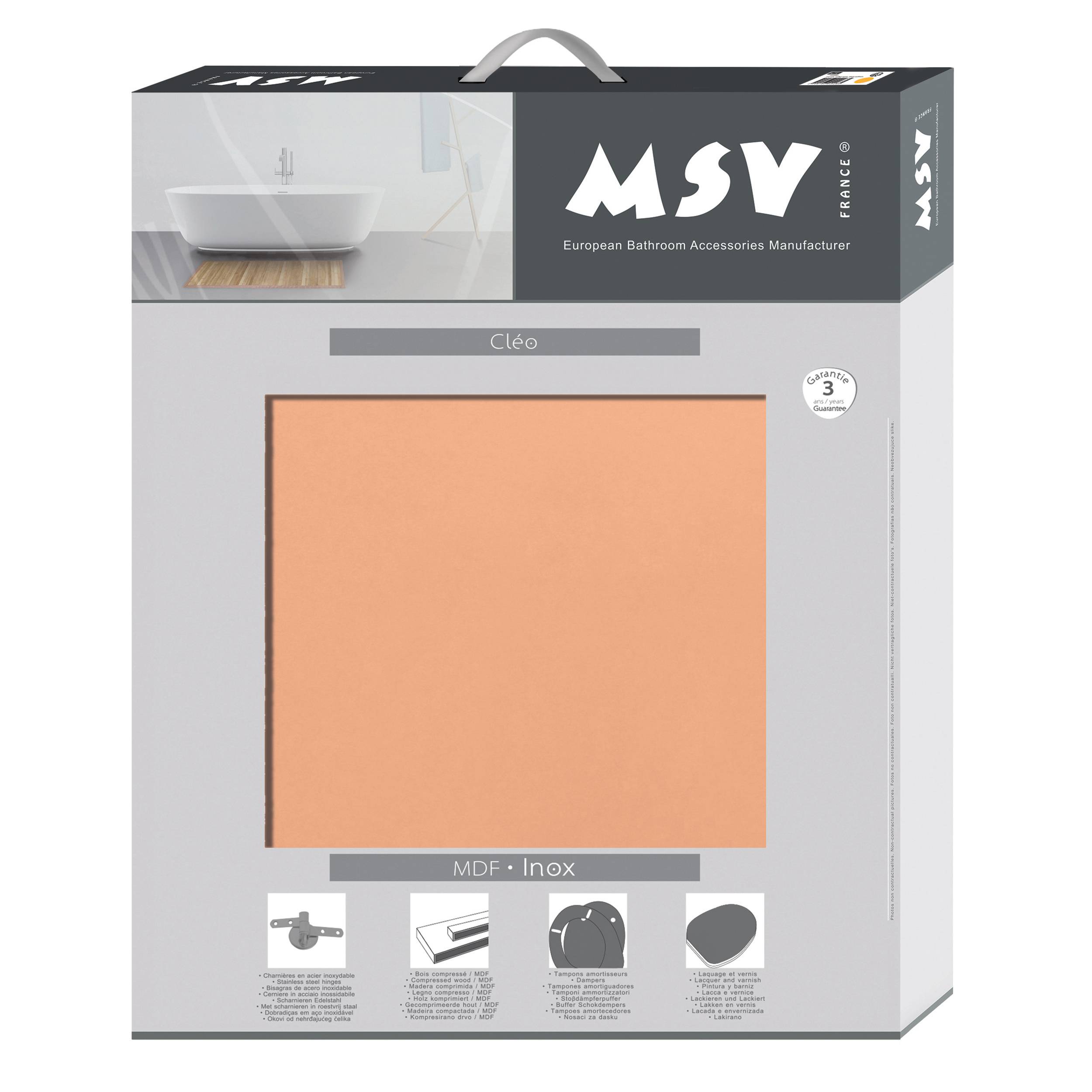 Verpackungskarton für einen MSV-Badezimmerschrank "Cléo"" mit einem pfirsichfarbenen quadratischen Panel, Produktabbildung und Symbolen für MDF und Edelstahl.