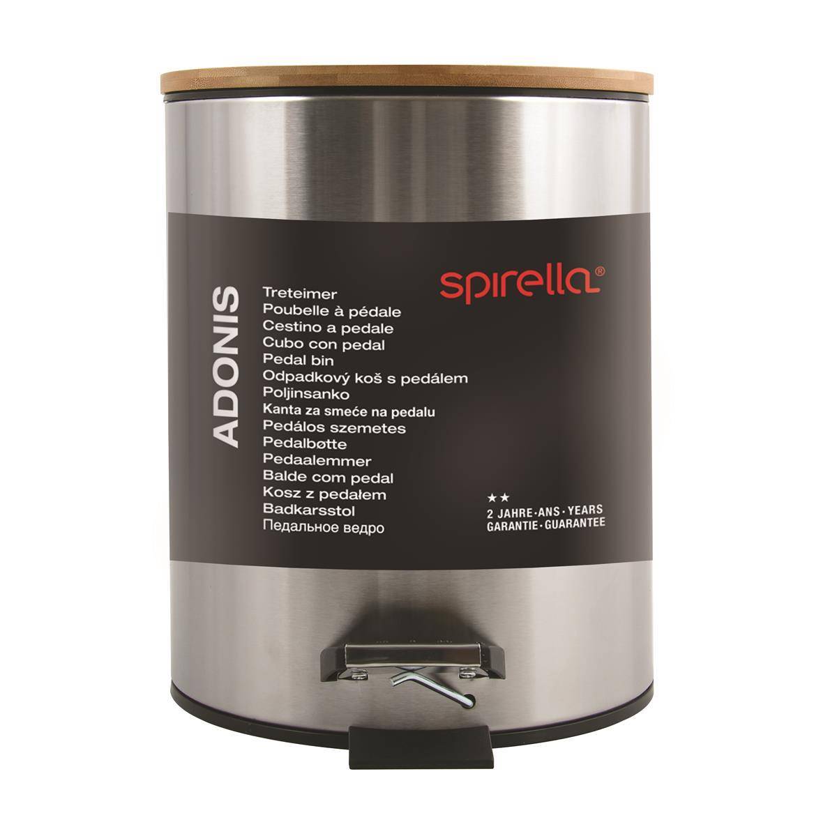 Edelstahl-Fußpedal-Mülleimer mit der Aufschrift „ADONIS" und „spirella"", Deckel in Holzoptik, vorderes Fußpedal und Text zur 2-Jahres-Garantie.