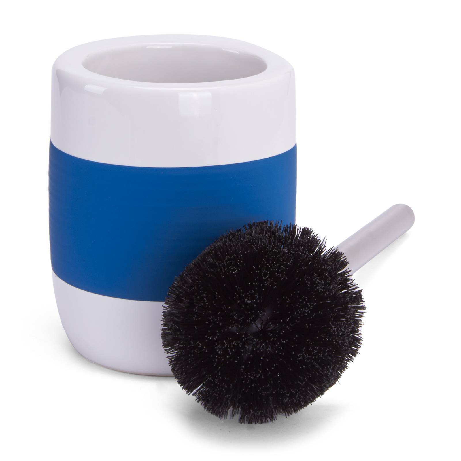 Toilettenbürste mit Halter: weiß-blauer zylindrischer Ständer und schwarze Borsten-Bürste auf weißem Hintergrund