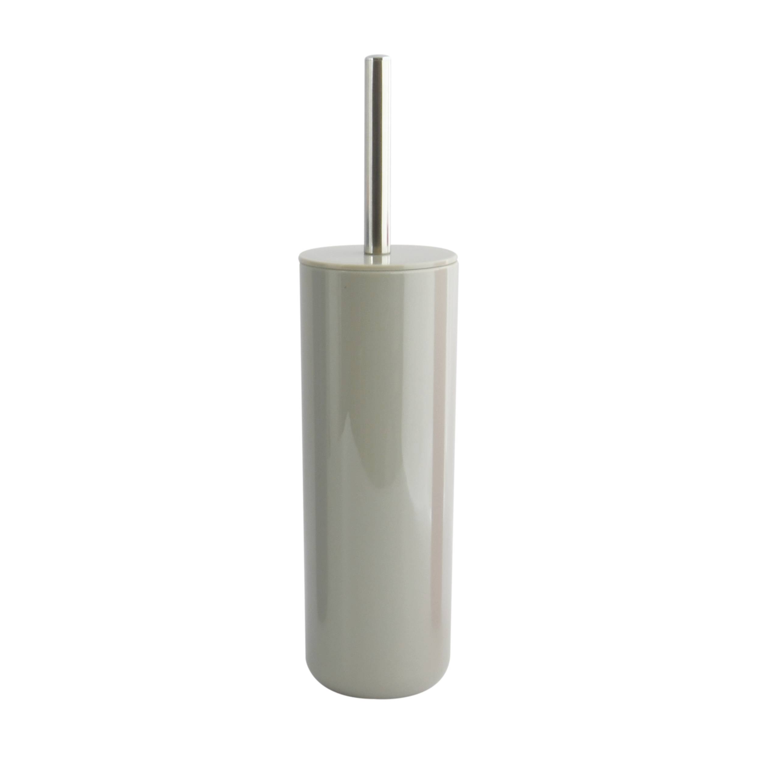 Grauer zylindrischer Toilettenbürsenhalter mit metallischem Griff vor weißem Hintergrund.