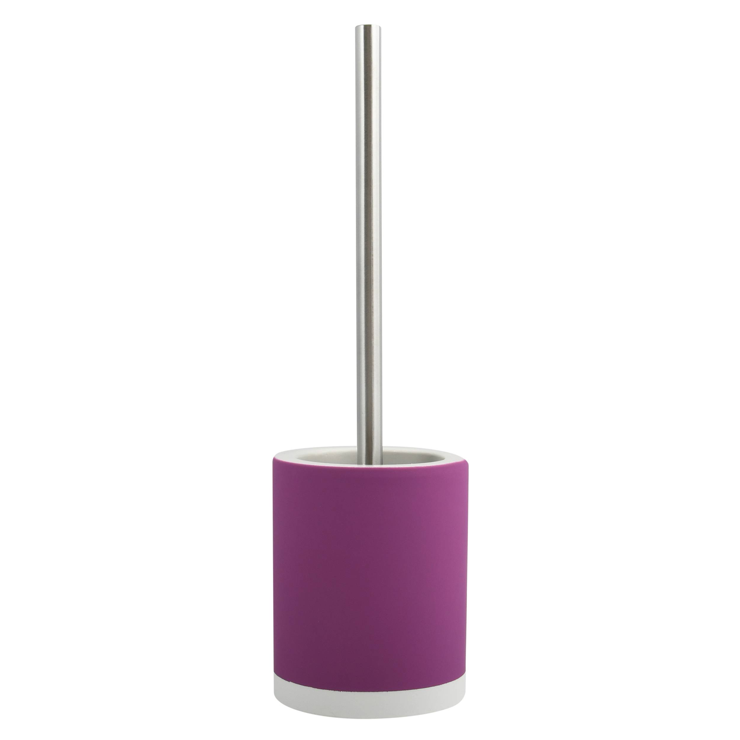Violetter Toilettenbürsenhalter mit silbernem Griff, freigestellt auf weißem Hintergrund.