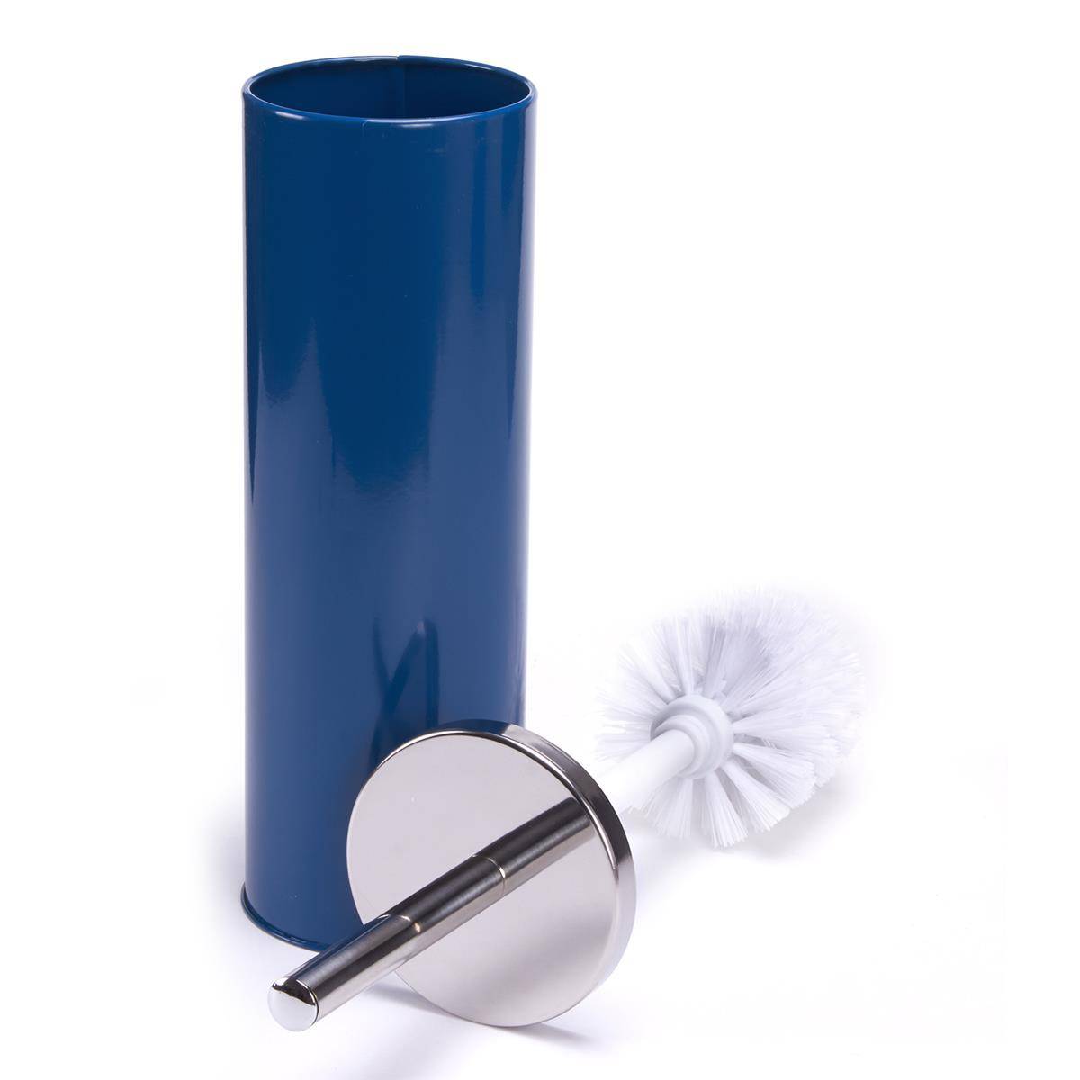 Blauer Toilettenstampfer und passende Halterung auf weißem Hintergrund.