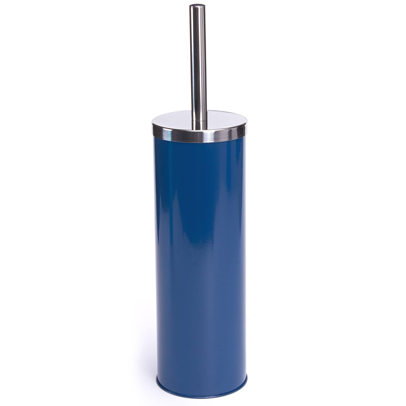 Blauer zylindrischer Toilettenbürstenhalter mit einem Edelstahlgriff oben, isoliert auf weißem Hintergrund dargestellt.