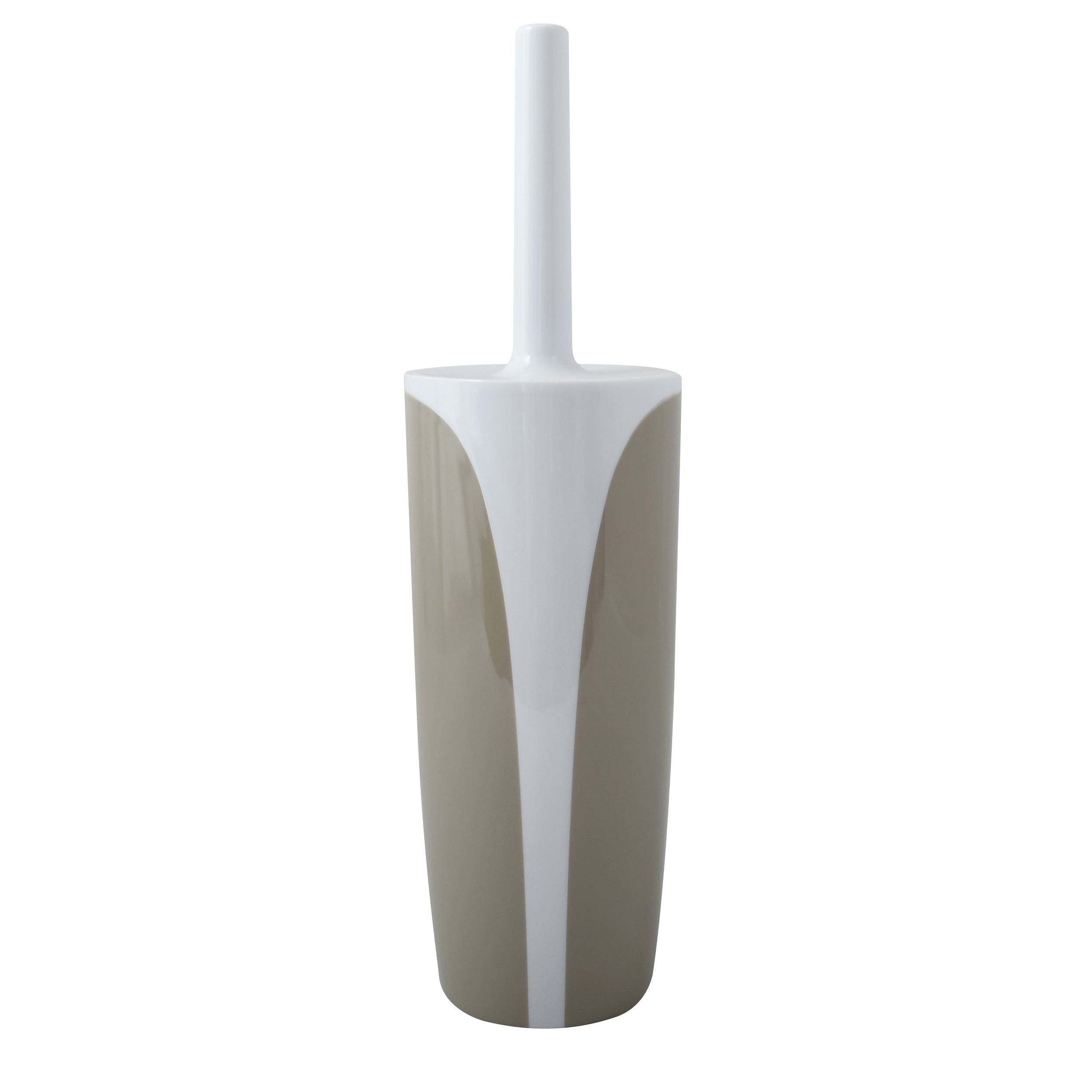 Hohe weiße und taupe Toilettenbürste mit zylindrischem Griff und Halter auf neutralem Hintergrund.